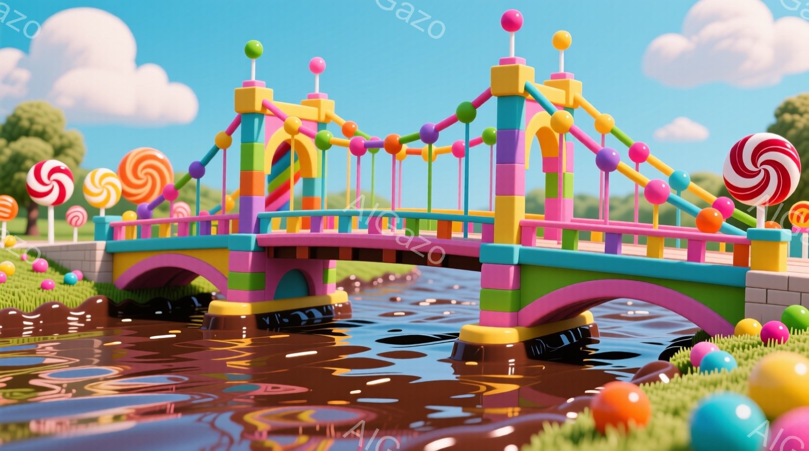 カラフルなキャンディで飾られた橋が、チョコレートのような液体が流れる川の上に架かっています。橋の周りには、グミのようなカラフルな球体が点在し、背景には青空と雲が広がっています。全体的に、夢のようなお菓子の国を表現した、甘くて可愛らしい雰囲気です。