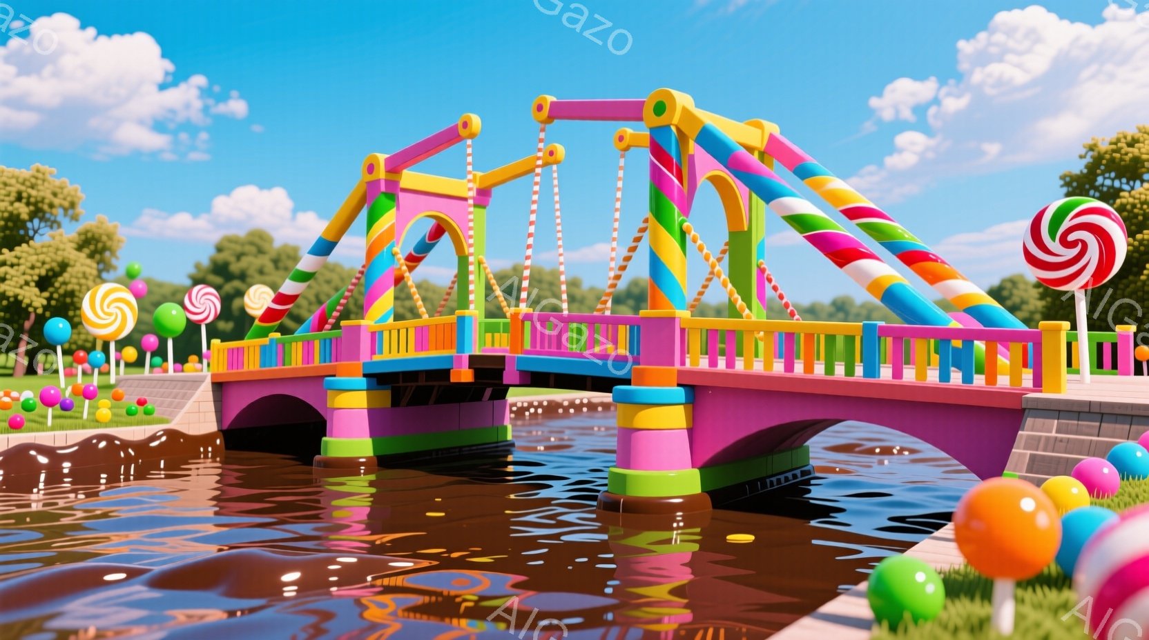 カラフルなキャンディを模した橋が、チョコレートのような川の上に架かっています。橋の構造は虹のようにアーチを描き、側面には様々な色のストライプが施されています。背景には緑の草と、巨大なキャンディが点在し - AI生成フリー素材