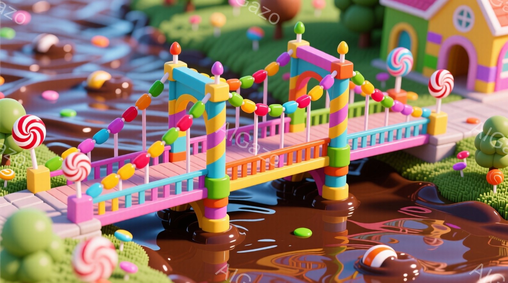 カラフルなキャンディで飾られた橋が、チョコレートのような液体で満たされた風景の中にあります。橋の周りには、巨大なキャンディやグミの塊が点在し、まるで夢のようなお菓子の国を思わせます。背景には、カラフルな建物や緑の丘が見え、全体的に明るく、遊び心に満ちた雰囲気です。