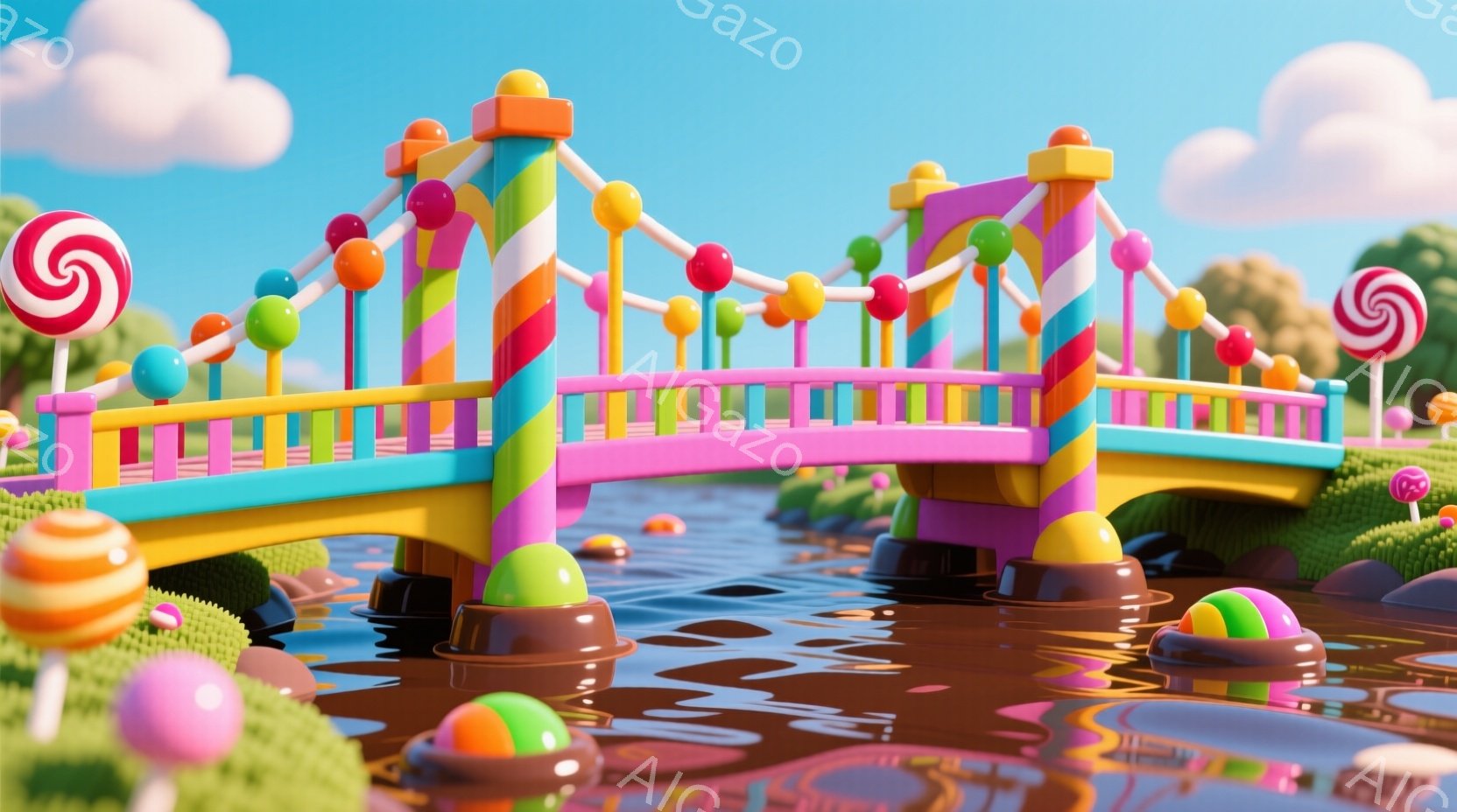 カラフルなキャンディのような橋が茶色の川にかかっています。橋の周りには、さまざまな種類のキャンディが散りばめられ、緑色の茂みが生い茂っています。空は明るい青色で、ふわふわとした雲が浮かび、全体的に夢の - AI生成フリー素材