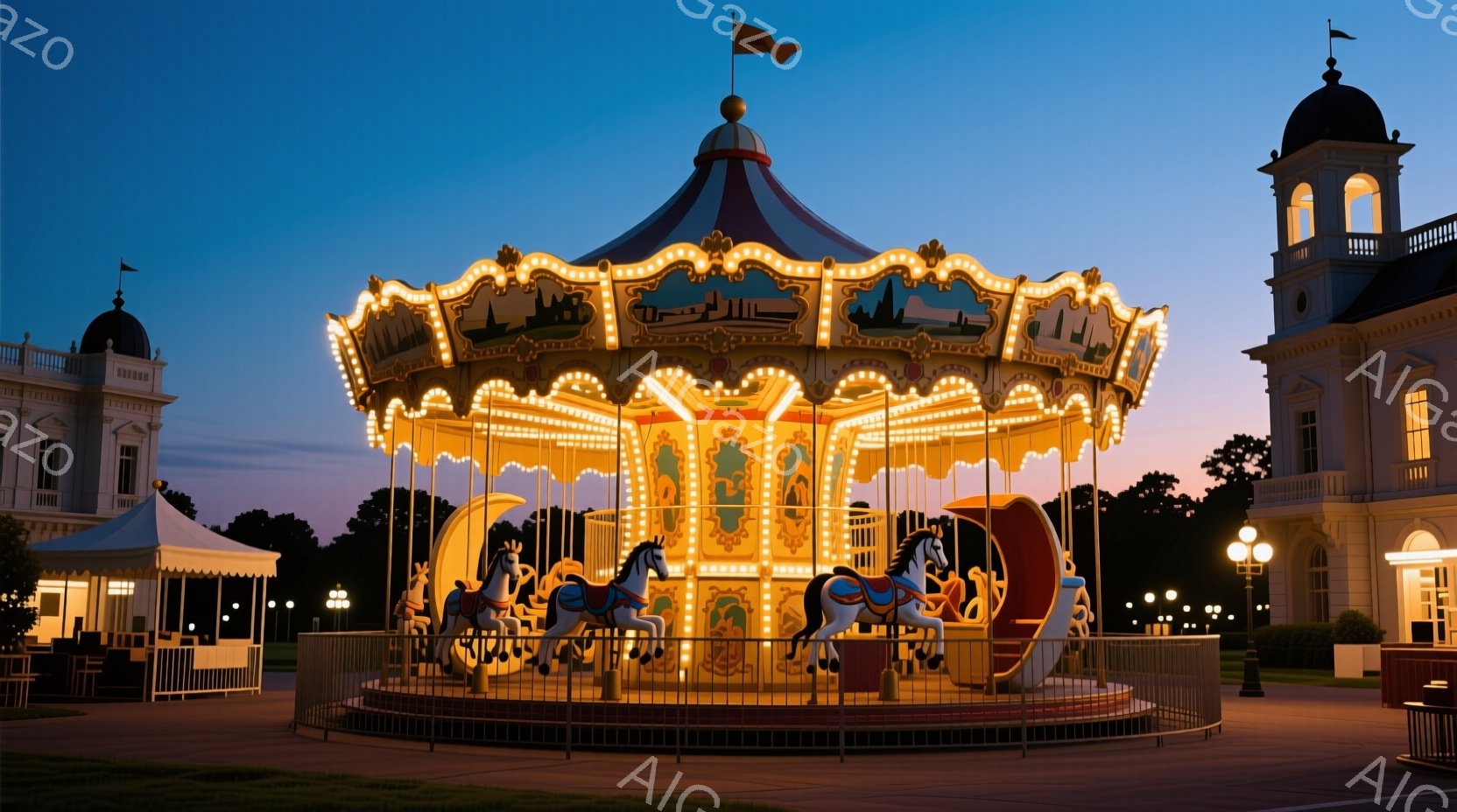 白い建物と緑の芝生に囲まれた、華やかなメリーゴーラウンドが中央に配置されている。夕暮れ時の空の下、メリーゴーラウンドの馬は明るい光で照らされ、温かく幻想的な雰囲気を醸し出している。背景には、白亜の建物がそびえ立ち、パステルカラーの空と相まって、夢のような世界観を演出している。