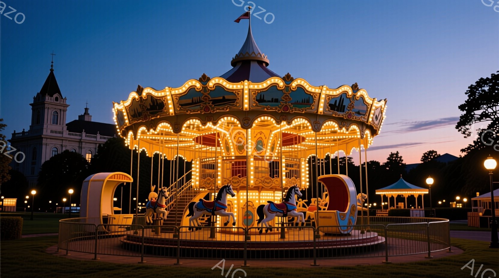 美しいメリーゴーランドが夕暮れの公園に佇んでいます。回転木馬は豪華な装飾で彩られ、白と茶色の馬が特徴的で、その周りを金属製の柵が囲んでいます。背景には、遠くに見える塔を持つ建物と、穏やかな夕焼け空が広がり、幻想的で温かい雰囲気を醸し出しています。