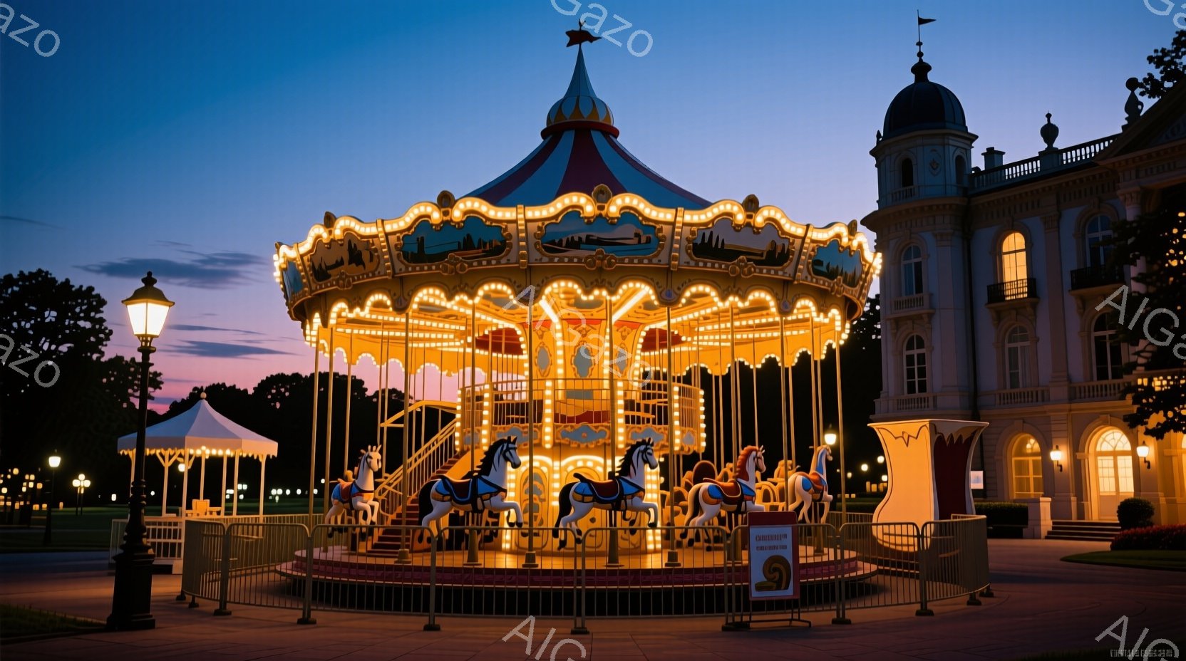 美しい回転木馬が、夕暮れ時の公園に静かに佇んでいます。木馬は白と茶色の可愛らしい姿で、カラフルな装飾が施された屋根が印象的です。背景には、壮麗な建物と緑豊かな木々が見え、穏やかで幻想的な雰囲気を醸し出 - AI生成フリー素材