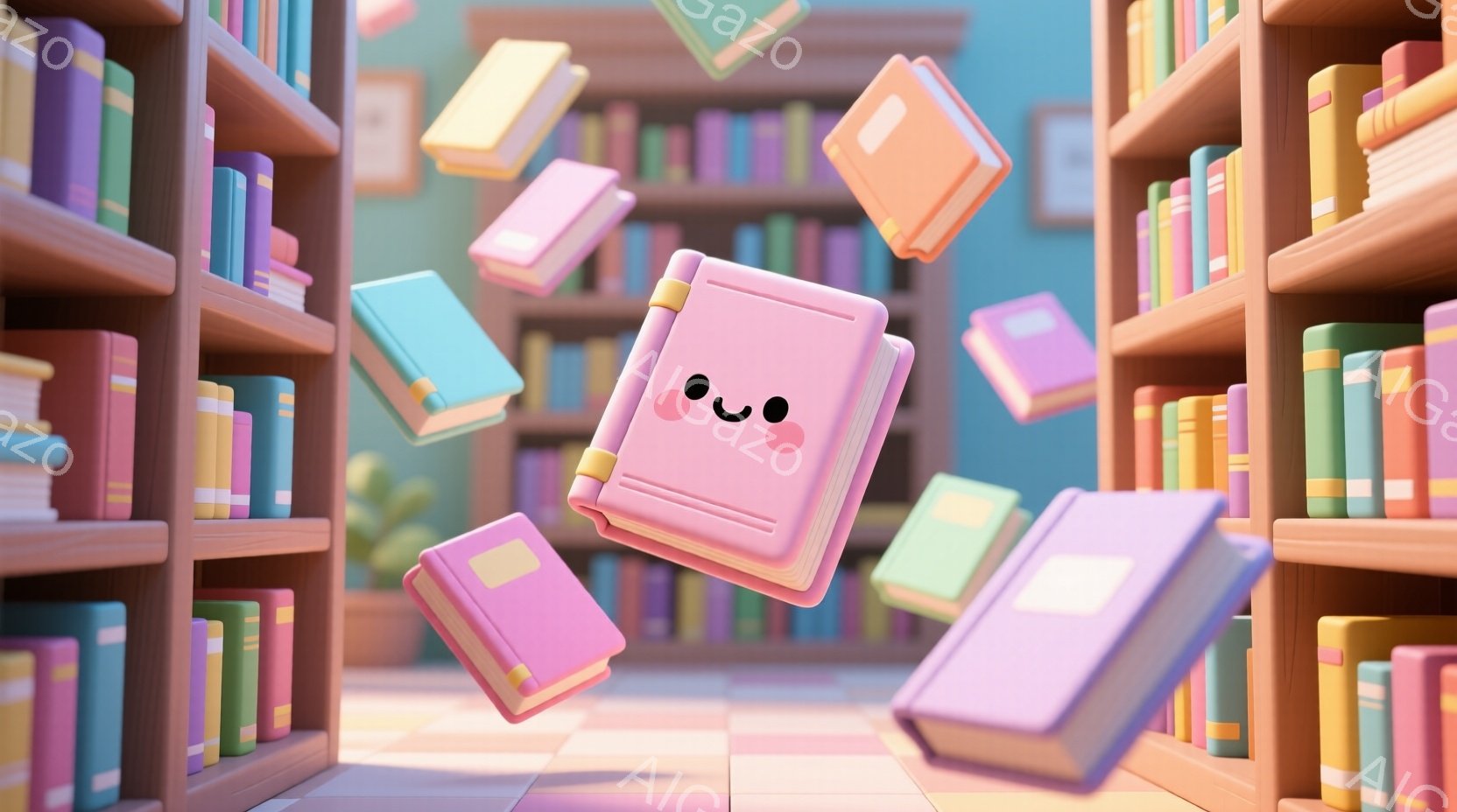 鮮やかな色彩の書架が背景に並び、可愛らしい表情をした本が宙を舞っている様子が描かれている。本はピンク、紫、水色などパステルカラーで統一されており、まるい目とほのかな笑顔が特徴的である。全体的に明るく、遊び心のある雰囲気で、子供部屋や絵本のページのような印象を与える。