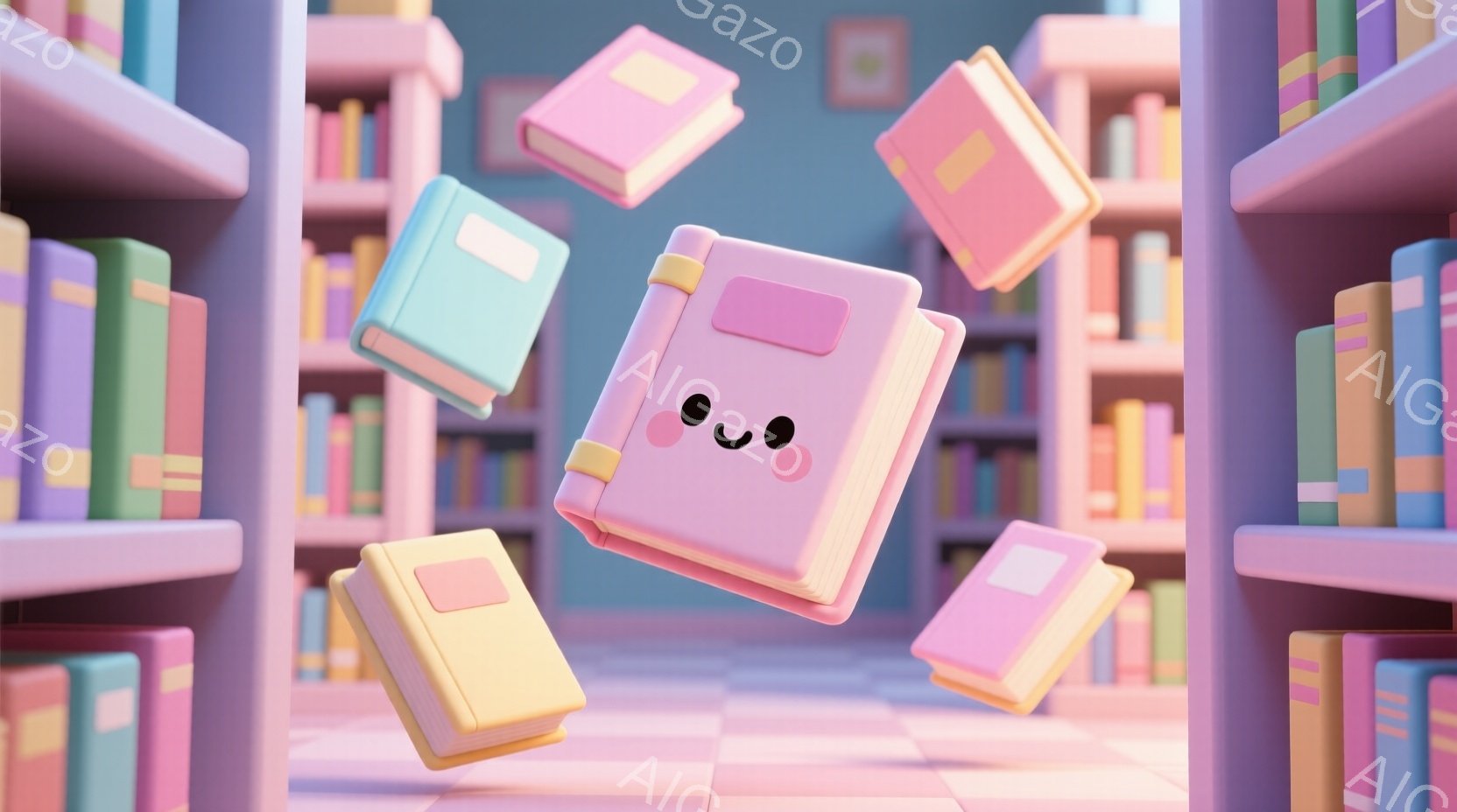 柔らかいパステルカラーで構成された、可愛らしいイラストレーションです。宙に浮かぶ絵本はそれぞれ愛らしい表情を持ち、まるで生きているかのように見えます。背景には、パステルカラーの絵本が並んだ本棚が続き、夢のような雰囲気を醸し出しています。