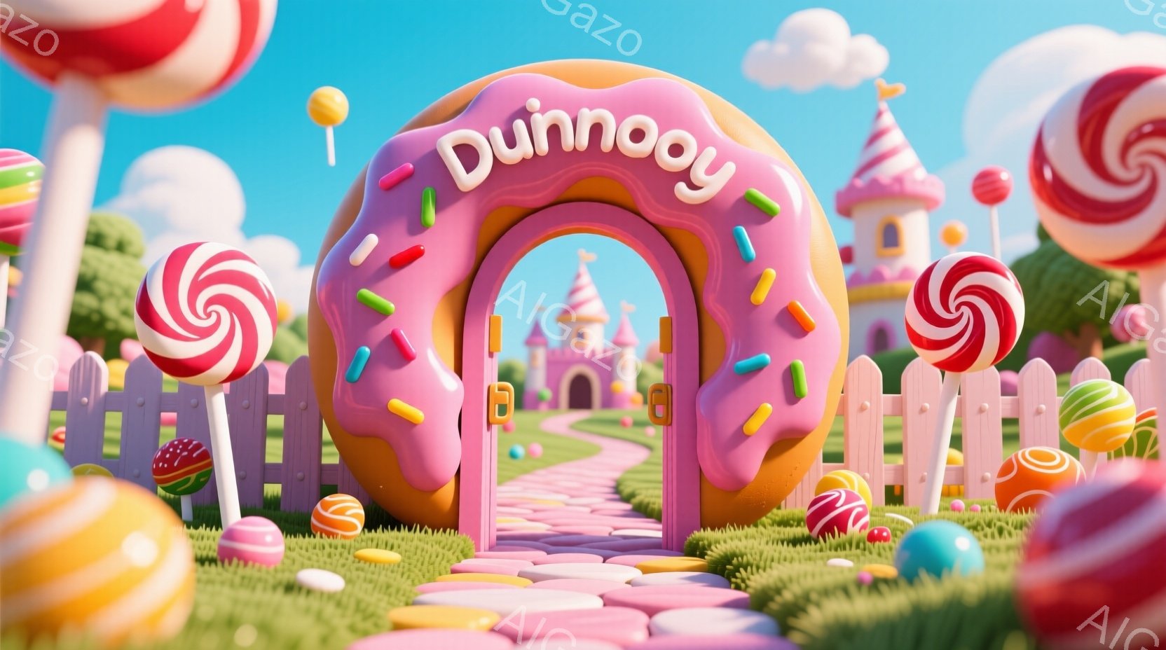 カラフルなキャンディランドの風景が広がっています。ピンク色のドーナツ型のアーチが印象的で、その奥にはお城が見え、道はキャンディで舗装されています。背景にはカラフルなキャンディや緑の芝生が広がり、夢のよ - AI生成フリー素材