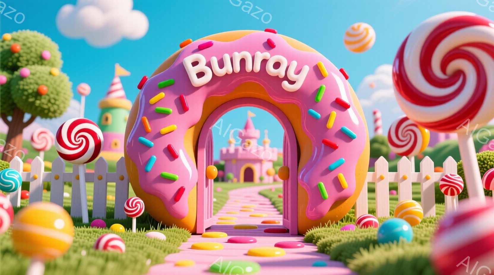 キャンディーランドのような夢のような風景を描いています。ピンク色のドーナツのアーチが手前にあり、その奥には白い柵とカラフルなキャンディー、そして遠くにはお城が見えます。全体的にパステルカラーで彩られ、明るく楽しい雰囲気が漂っています。
