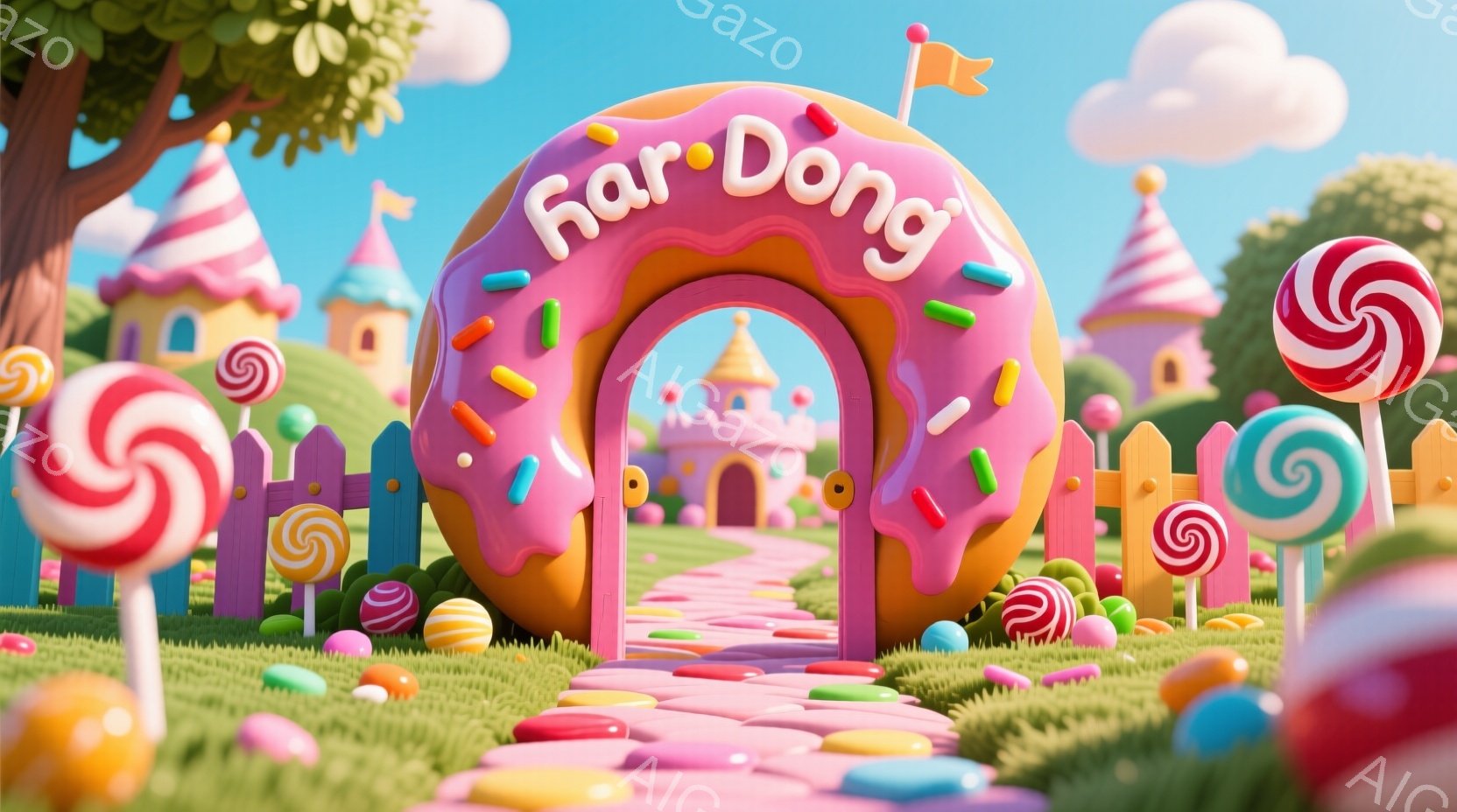広大な緑の芝生の中に、カラフルなキャンディやロリポップが点在する夢のような世界が広がっています。ピンク色のドーナツ型のアーチが印象的で、「Dong」という文字が書かれています。背景には、おとぎ話に出て - AI生成フリー素材