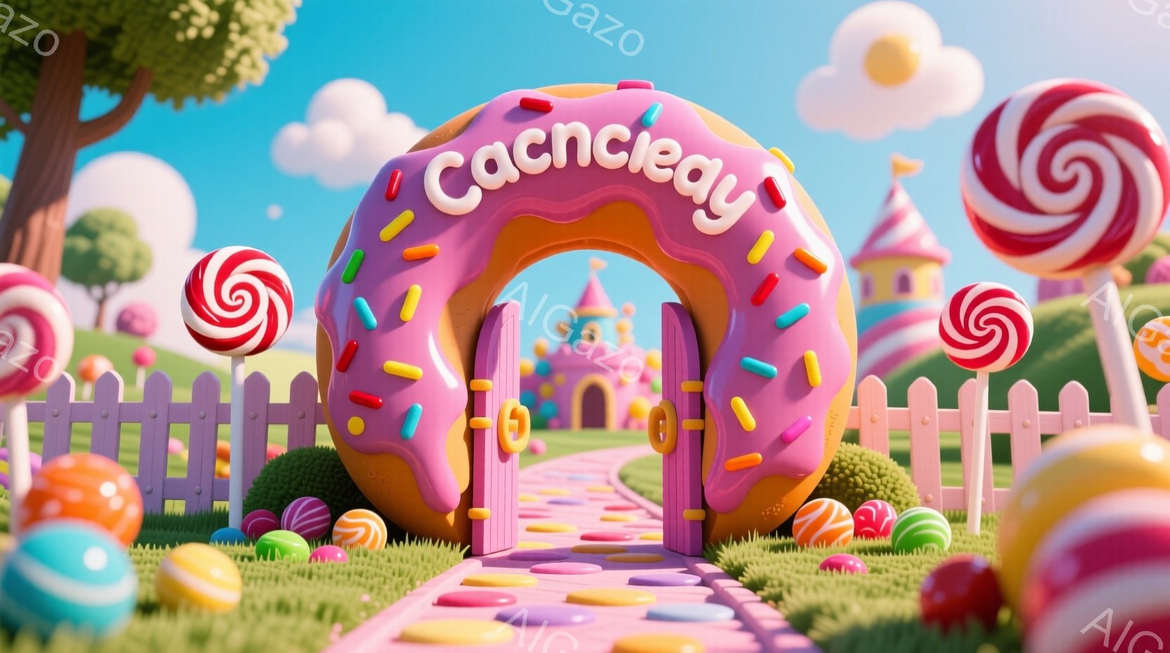 広々とした草原の中に、ピンク色のドーナツ型のアーチが印象的な風景が広がっています。アーチにはカラフルなスプリンクルが飾られ、その奥にはお城が見え、まるでファンタジーの世界への入り口のようです。周囲には - AI生成フリー素材