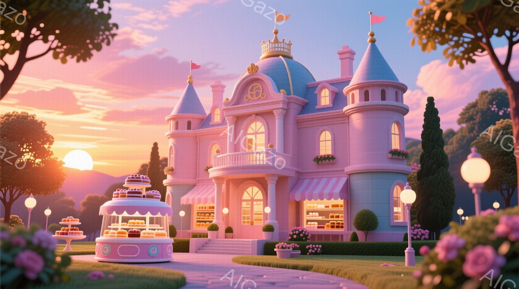 明るいピンク色の可愛らしいケーキ屋さんがあり、高い塔と窓が特徴的です。背景には緑豊かな木々が立ち並び、夕焼け空が優しく暖かな光を投げかけています。全体的に甘くて夢のような、おとぎ話のような雰囲気が漂っています。