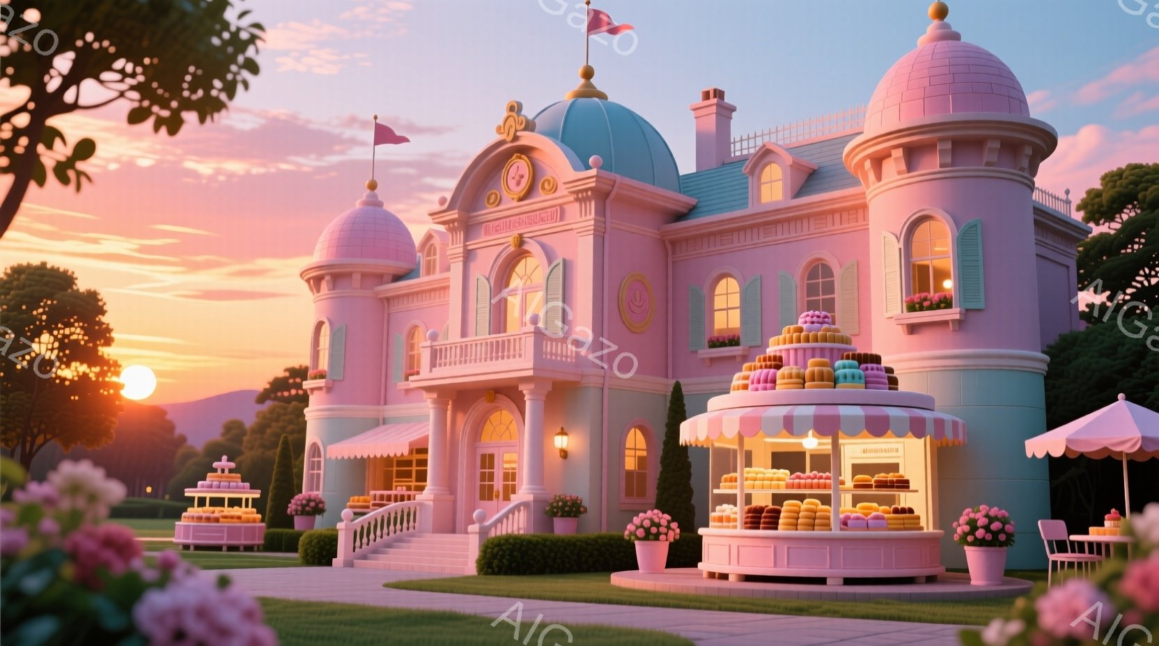 鮮やかなピンクと水色の可愛らしい建物が中央に位置し、まるで絵本から飛び出してきたような雰囲気です。建物前にはマカロンのタワーや商品が並んだ可愛らしいお店があり、庭には手入れの行き届いた芝生と花壇が広がっています。夕焼け空の下、建物は暖かく優しい光に包まれ、ファンタジーの世界へと誘うような雰囲気を醸し出しています。