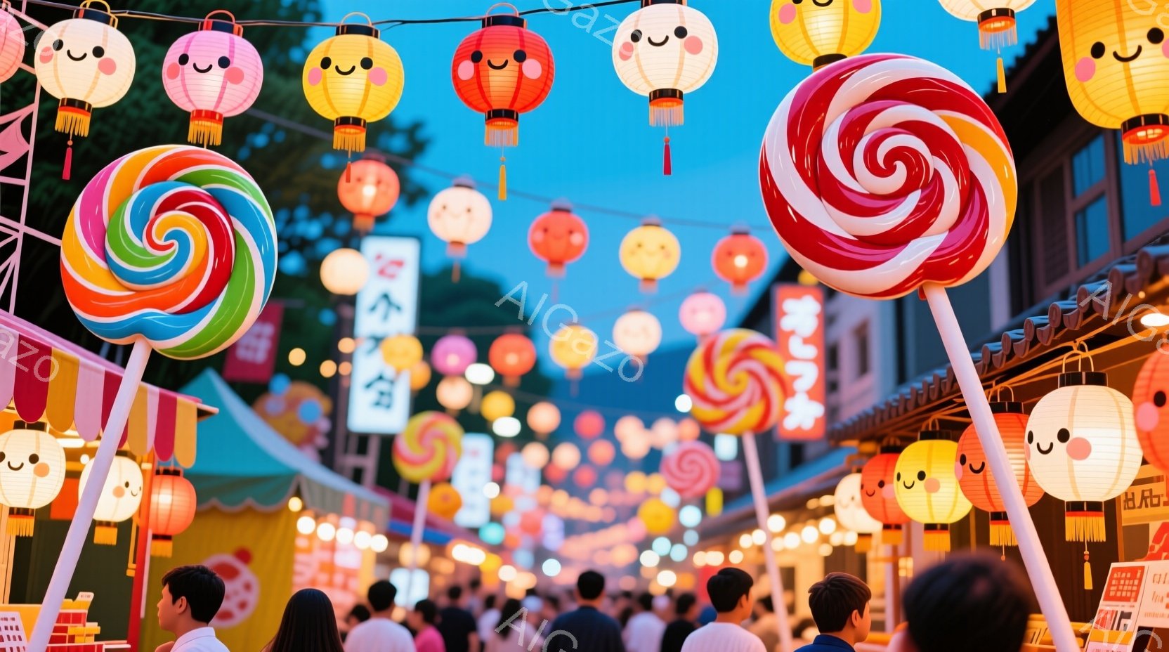 お祭りか屋台が並ぶ賑やかな通りを捉えています。人々はカジュアルな服装で、後ろ姿が多く、楽しんでいる様子が伺えます。背景には木造の建物が見え、空は夕暮れ時で、色とりどりの提灯と巨大な飴が通りを明るく照ら - AI生成フリー素材