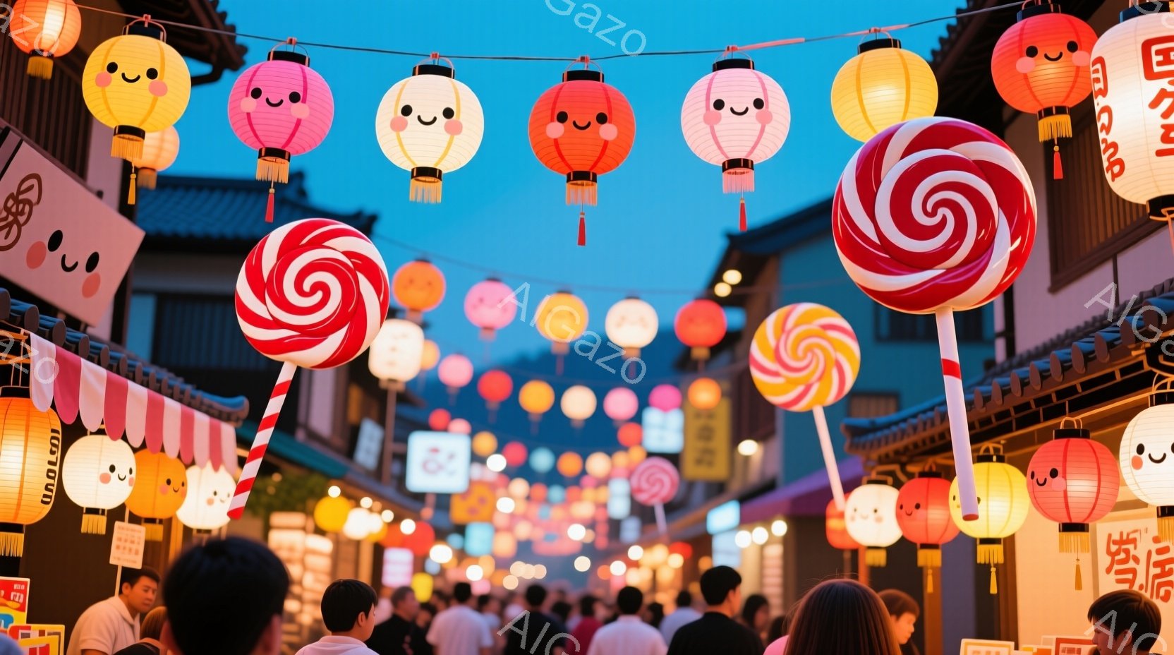 提灯が並ぶ賑やかな商店街の様子が写っている。人々は様々な服装で、背景には木造の建物が立ち並び、夕暮れ時の空が穏やかな雰囲気を醸し出している。大きなキャンディが目立ち、お祭りのような、活気のある楽しい空 - AI生成フリー素材