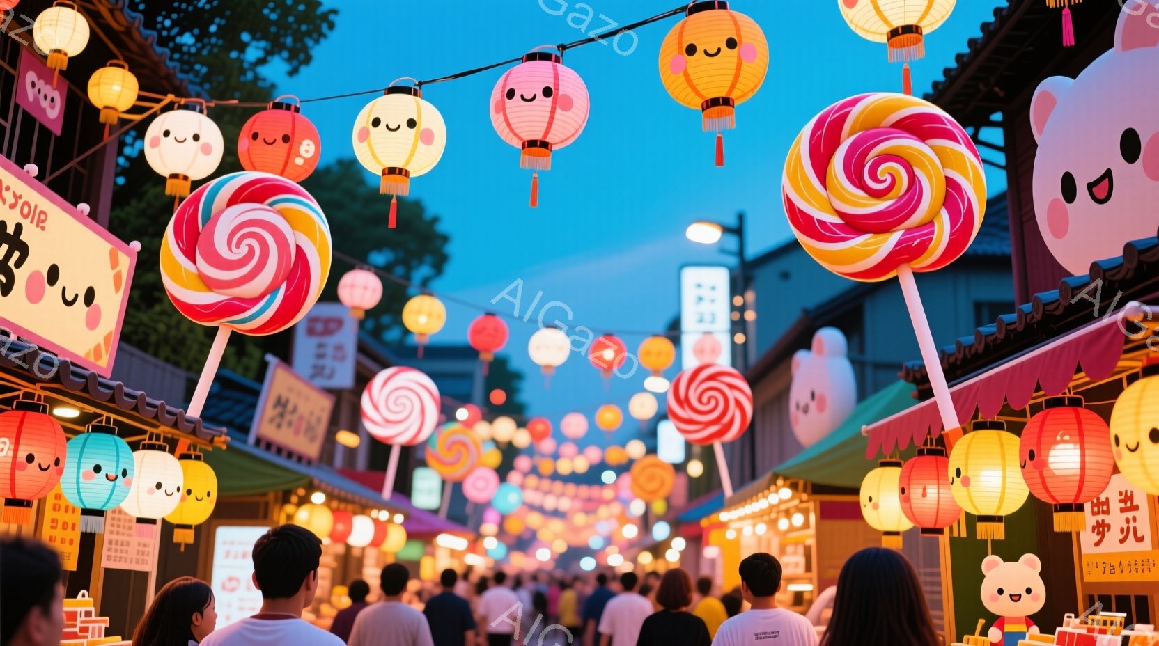 カラフルな提灯が軒を連ねる賑やかな夜の市場の様子が描かれています。人々は様々な服装で歩き回り、提灯の下で楽しんでいるようです。背景には伝統的な様式の建物が並び、夜空は明るいオレンジ色と青色が混ざり合い、お祭り気分を盛り上げています。