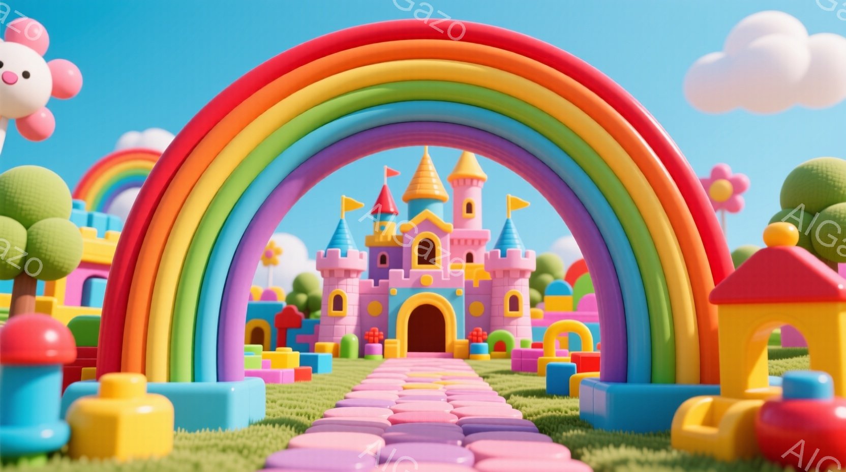 カラフルな積み木で作られたお城が、緑の芝生の上に建っています。虹色のアーチが空にかかり、お城へと続くピンク色の道が印象的です。背景には、様々な色の積み木で作られた建物があり、晴れた青空と白い雲が、夢の - AI生成フリー素材