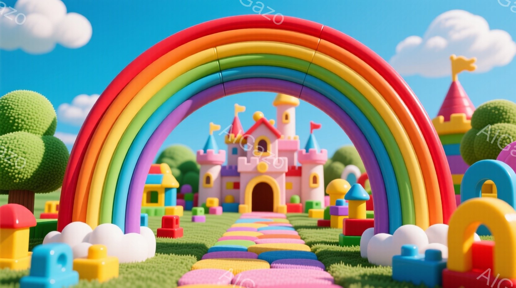 カラフルな積み木で作られたお城と家々が、緑の芝生の上に並んでいる風景です。虹色のアーチが画面中央にあり、背景には雲が浮かぶ青空が広がっています。全体的に明るく、おもちゃのような愛らしい雰囲気で、子供た - AI生成フリー素材