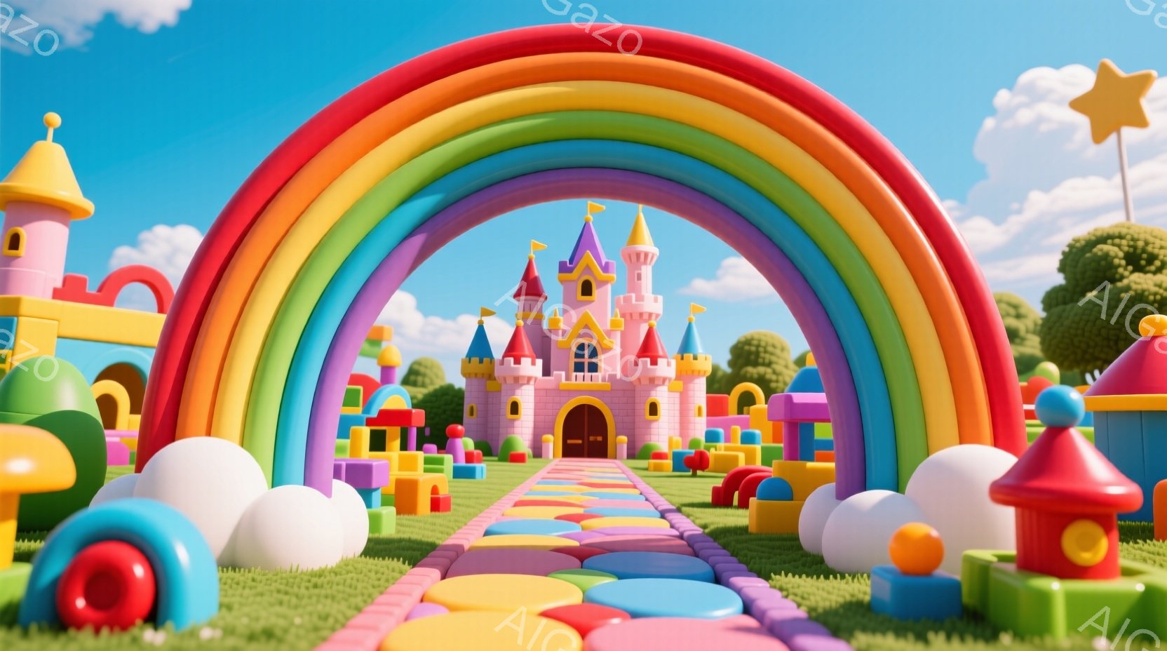 カラフルな積み木でできたお城と建物が並ぶ、夢のような風景です。虹色のアーチが視線を誘導し、緑の芝生と青い空が明るく楽しい雰囲気を醸し出しています。全体的にポップで遊び心に満ちた、子供らしい世界観が表現 - AI生成フリー素材