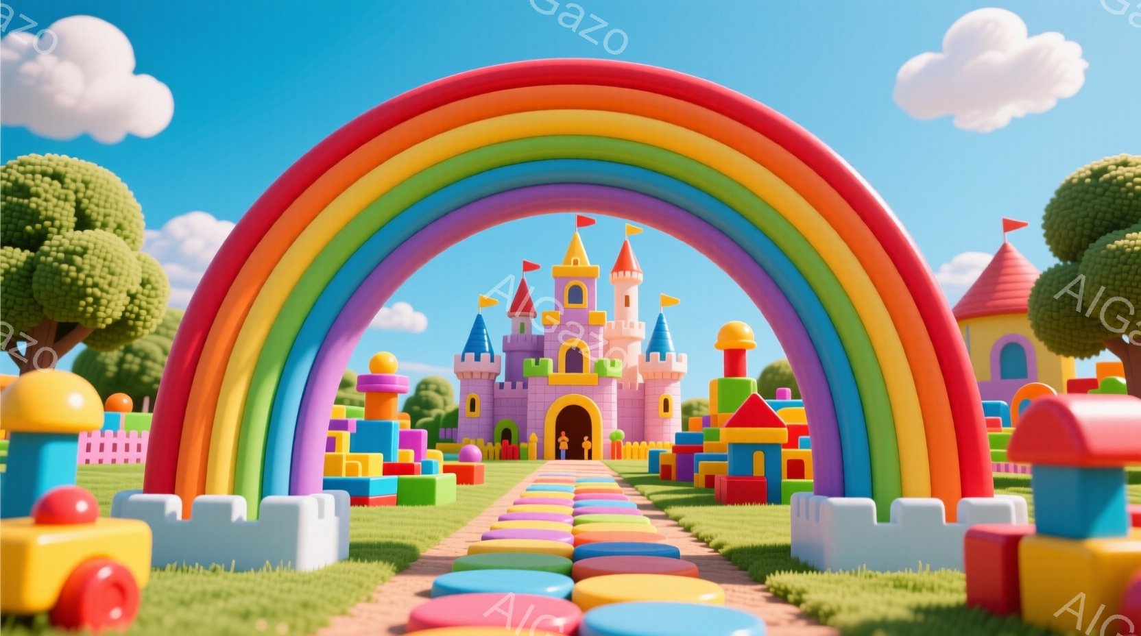 カラフルな積み木でできたお城と道が、虹のアーチの中に広がっています。緑の芝生と丸い木々が背景にあり、晴れた空と白い雲が広がっています。全体的に明るく、おもちゃのような夢のような雰囲気で、子供たちが喜び - AI生成フリー素材