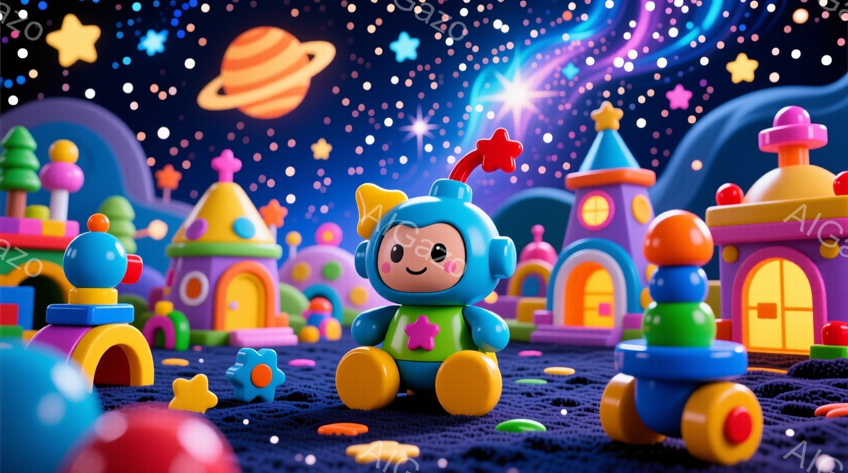 カラフルなブロックでできた建物が並ぶ、おもちゃのような惑星の風景の中に、宇宙飛行士のキャラクターが座っています。緑色の宇宙服を着て、頭には赤い星型の飾りがあり、笑顔でこちらを見ています。背景には、明るい星々が輝き、オレンジ色の惑星が浮かび、夢のような楽しい雰囲気が漂っています。