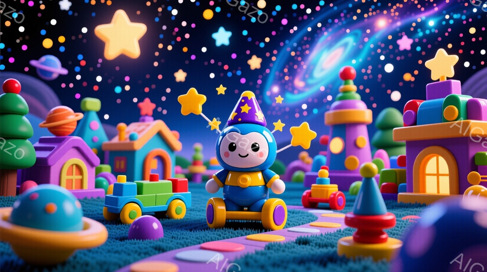 カラフルな玩具の街並みを背景に、大きな目を持ち、笑顔のロボットのようなキャラクターが立っている様子を描いています。キャラクターは青い帽子に金色の星が飾られ、オレンジと青のユニフォームを着ています。背景 - AI生成フリー素材
