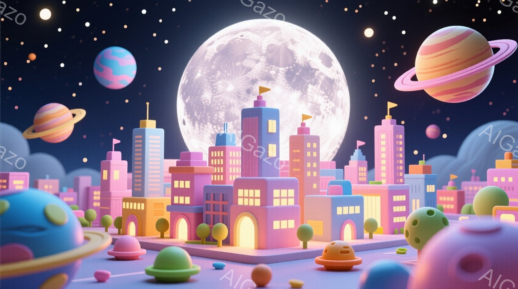 パステルカラーで構成された未来的な都市が描かれています。丸みを帯びた建物が整然と並び、背景には巨大な満月とカラフルな惑星が浮かんでいます。全体的に夢のような、遊び心に満ちた雰囲気で、温かく穏やかな印象 - AI生成フリー素材