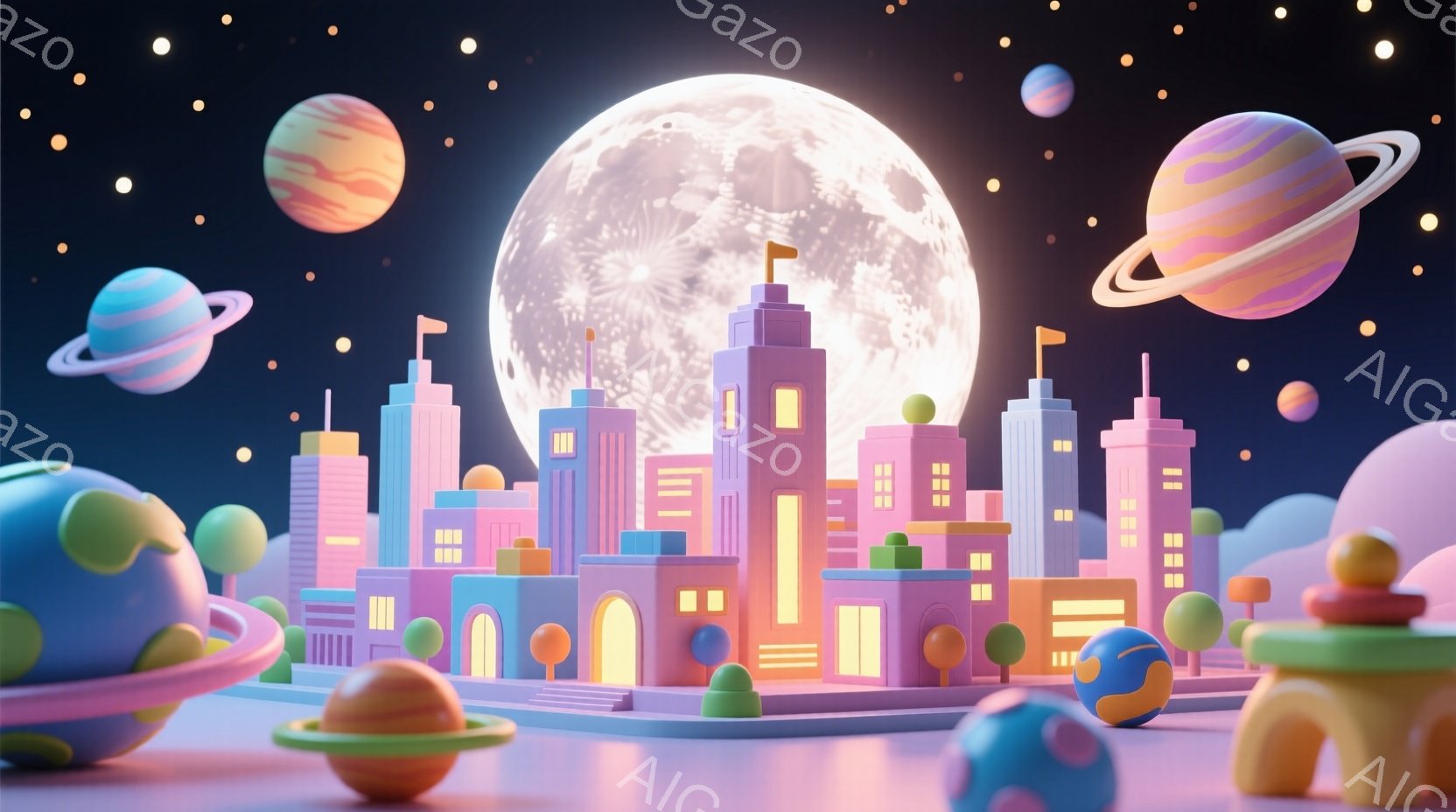 カラフルで幾何学的な建物が立ち並ぶ、未来的な都市を描いています。巨大な満月が背景に浮かび、周囲には様々な惑星が点在しており、空には小さな星が散りばめられています。全体的に明るく夢のような雰囲気で、子供 - AI生成フリー素材