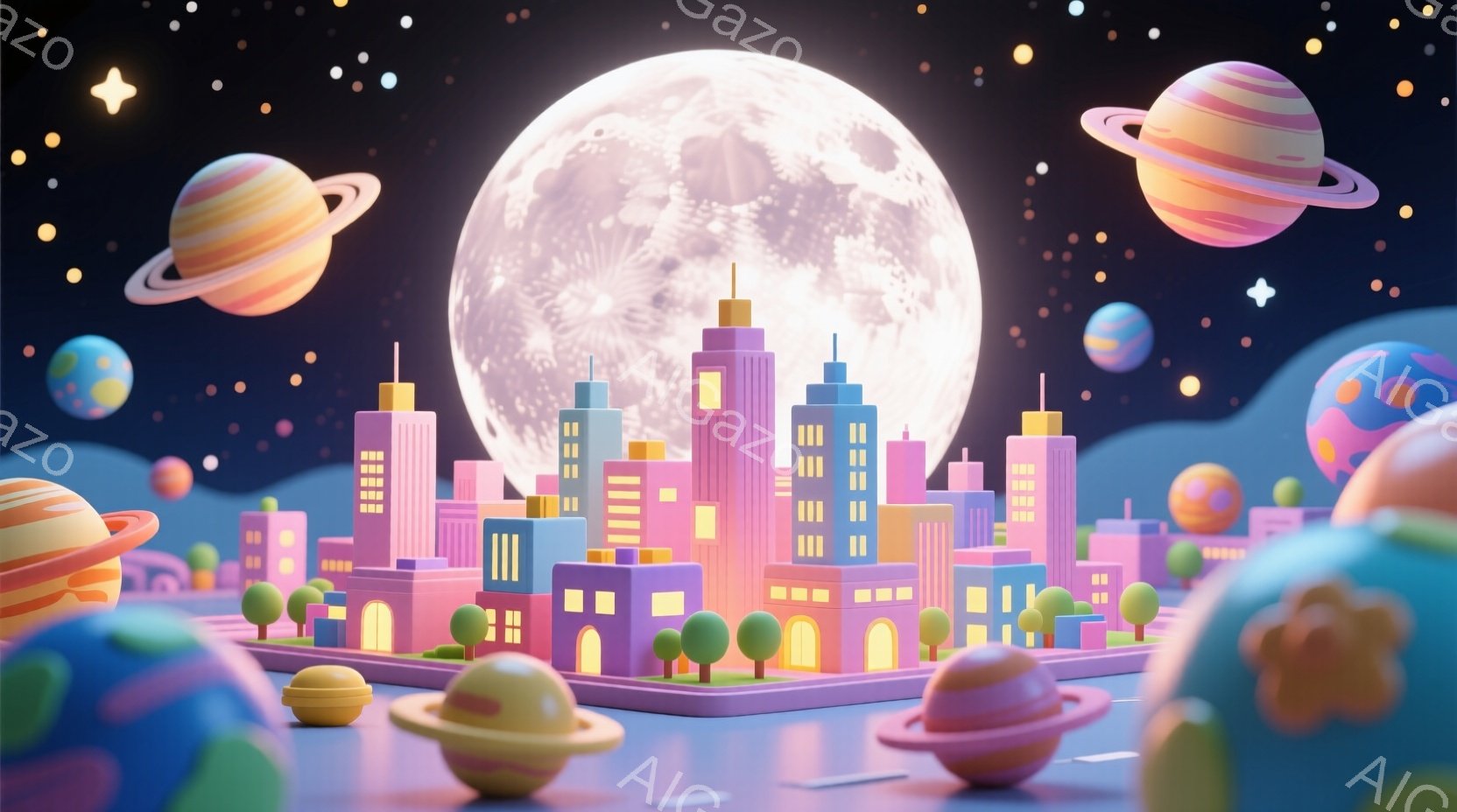 明るいピンクと紫色のカラフルな未来都市を描いています。都市は、丸みを帯びた建物やアーチ型の入り口が特徴で、鮮やかな黄色い光が窓から漏れています。背景には、様々な色の惑星が浮かび、巨大な満月が照らし出し - AI生成フリー素材