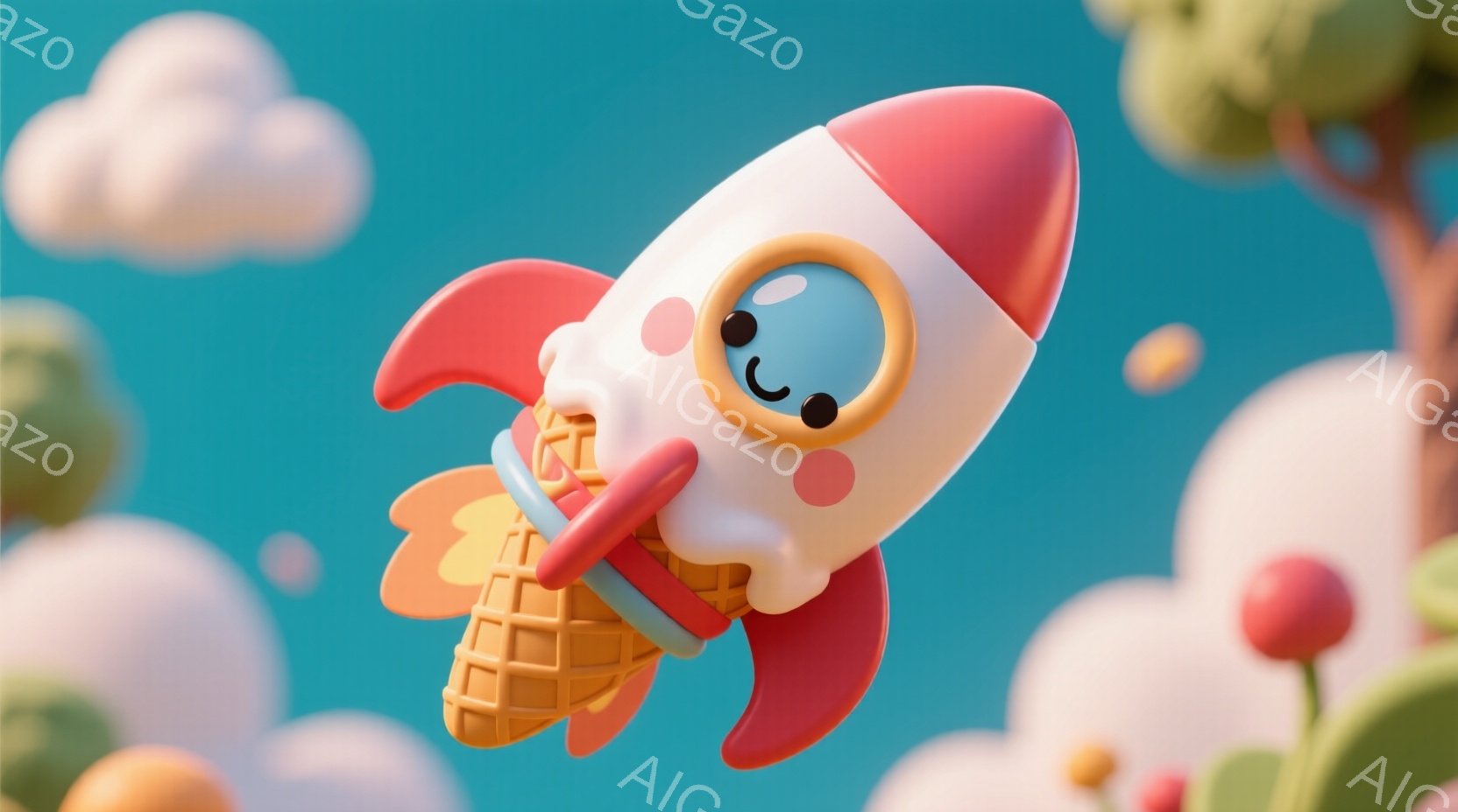 アイスクリームコーンを抱えたロケットが空を飛んでいる様子を描いています。ロケットは白と赤の色合いで、可愛らしい表情をしており、下にはオレンジ色の炎が燃えています。背景にはパステルカラーの雲や植物があり、全体的に明るく楽しい雰囲気です。