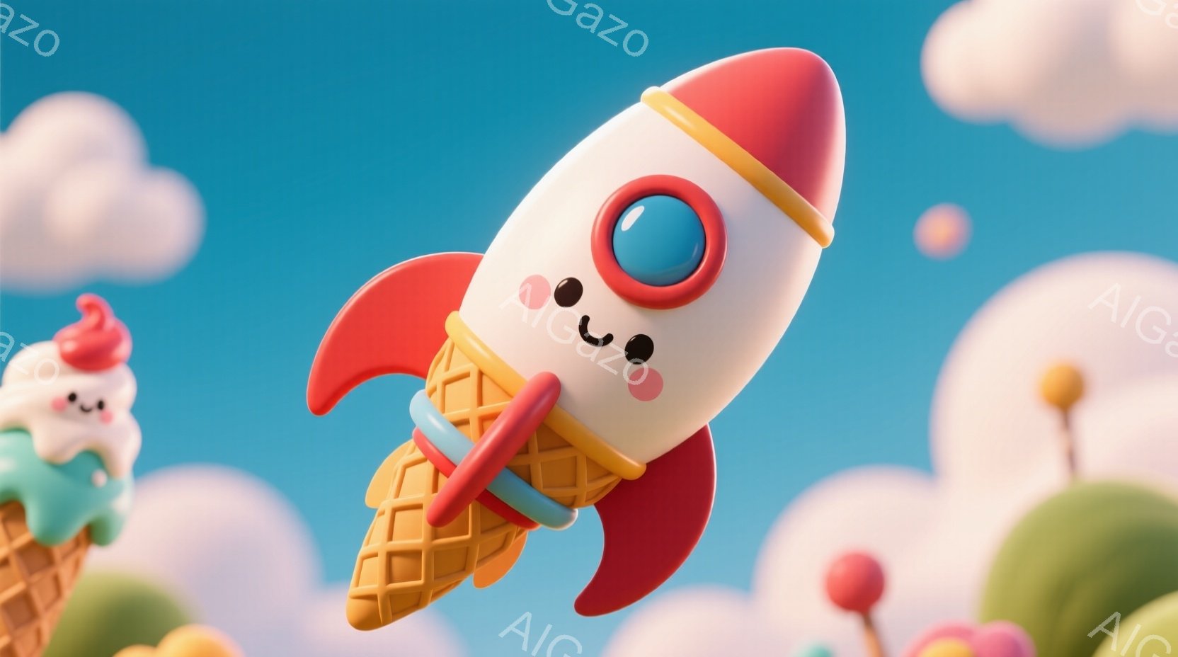 鮮やかな青空を背景に、コーンに形を似せた赤い尾翼を持つ白いロケットが飛んでいる様子が描かれています。ロケットには可愛らしい目と頬紅があり、楽しげな表情をしています。背景には、丸みを帯びた緑色の丘や、ソフトクリームのキャラクター、そしてふわふわとした雲が点在し、明るく遊び心のある雰囲気を醸し出しています。