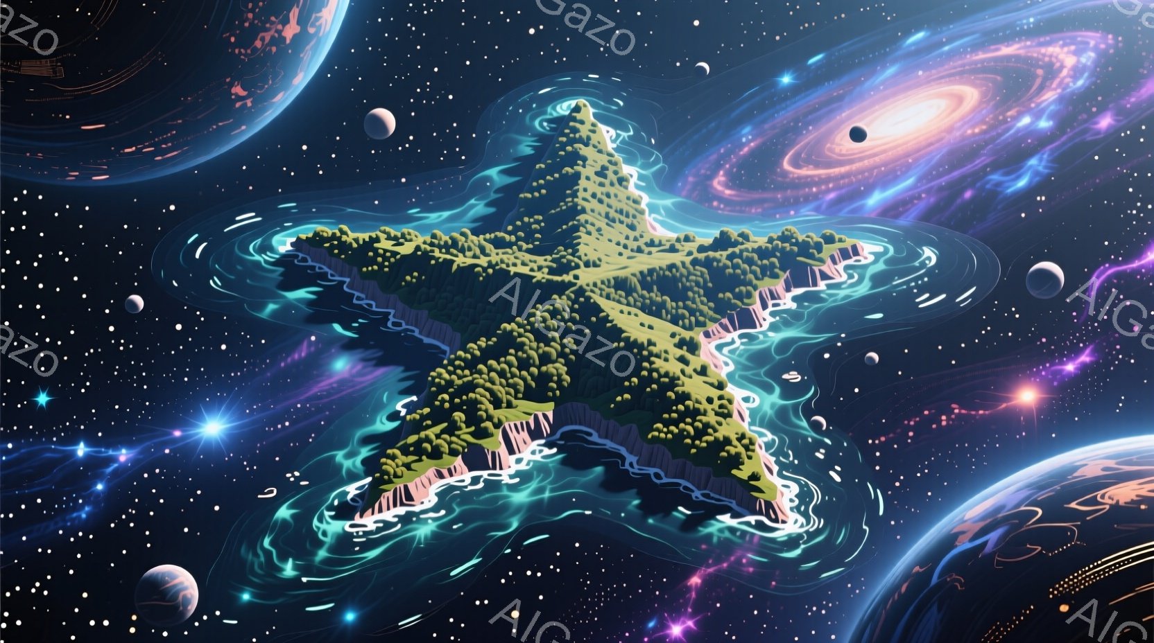 巨大な星の形をした島が、渦巻く銀河のような宇宙空間に浮かんでいる。島の表面は緑豊かな植生に覆われ、周囲は明るい青色の水に囲まれている。背景には、様々な色の光が渦巻く星雲や惑星が点在し、神秘的で幻想的な - AI生成フリー素材