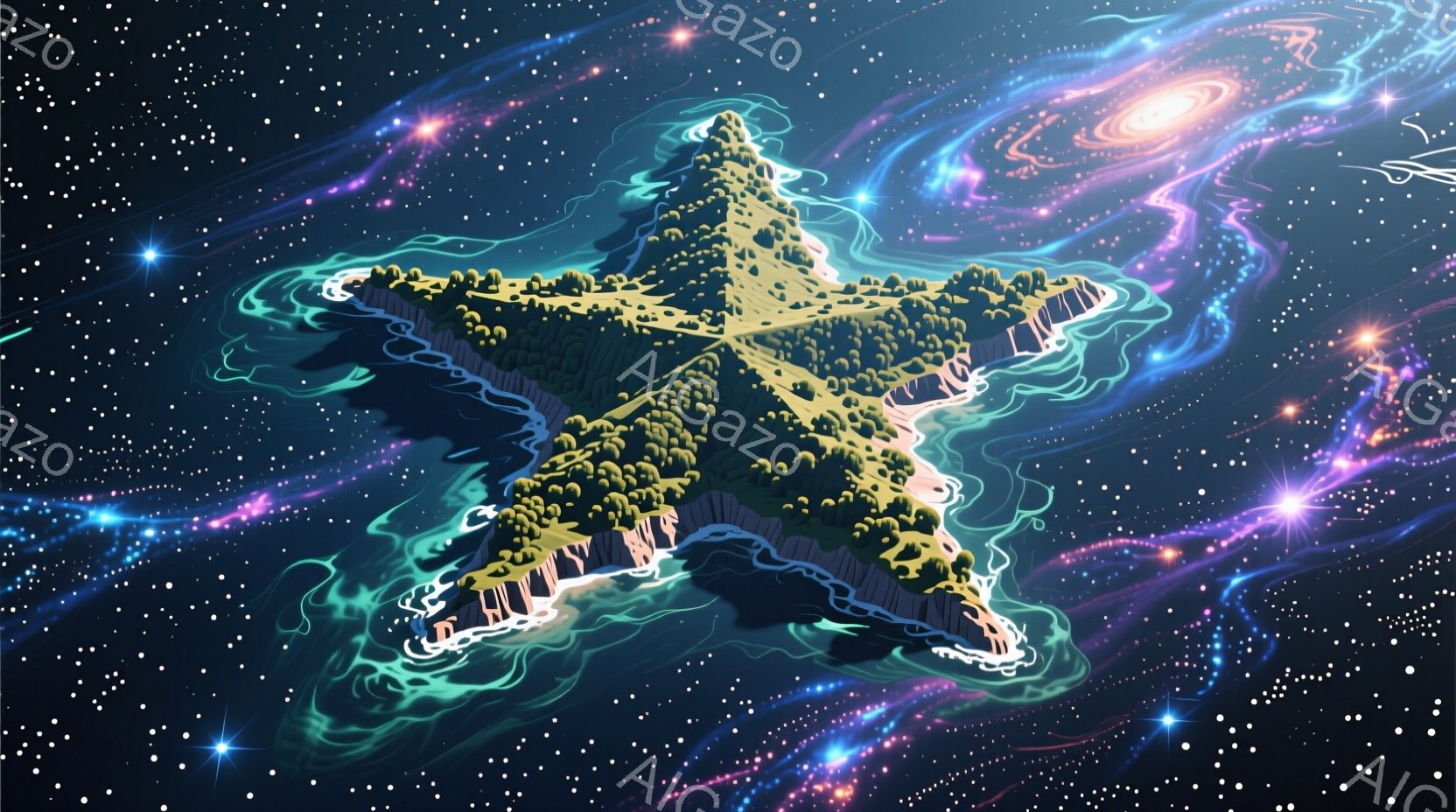 巨大な星の形をした島が、渦巻く銀河のような背景に浮かんでいます。島の表面は緑豊かな森林で覆われ、岩石質の海岸線が特徴的で、まるで空中に浮かぶ庭園のようです。鮮やかな紫と青の光の粒子が星空を彩り、神秘的 - AI生成フリー素材