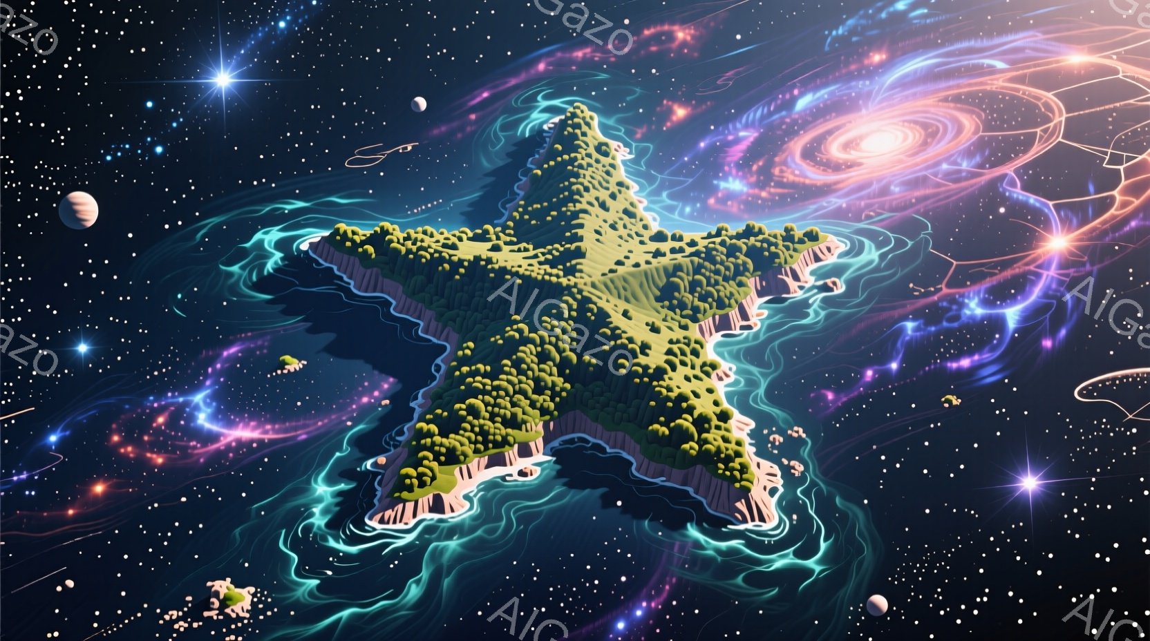鮮やかな星の形をした島が、渦巻く銀河のような背景の中に浮かんでいる。島は緑豊かな植生で覆われ、海岸線は複雑な形をしており、周囲を青い光の帯が囲んでいる。遠くには小さな惑星や星々が散りばめられ、全体的に幻想的で神秘的な雰囲気を醸し出している。