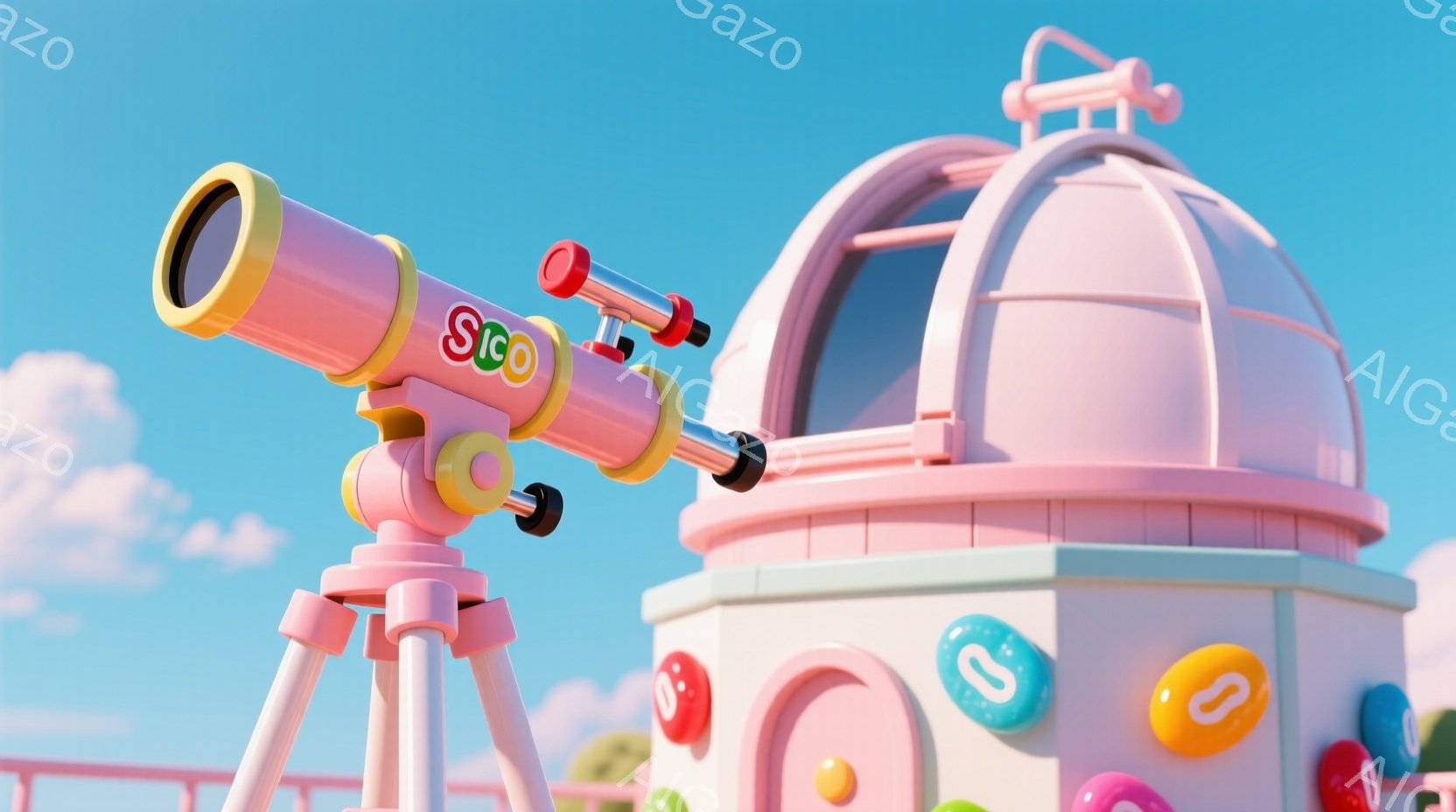 明るいピンク色の天文台が、丸みを帯びたデザインで可愛らしい印象を与えています。天文台の周りには、カラフルなキャンディーのようなものが散りばめられ、遊び心のある雰囲気を醸し出しています。空は晴れで、ふわ - AI生成フリー素材