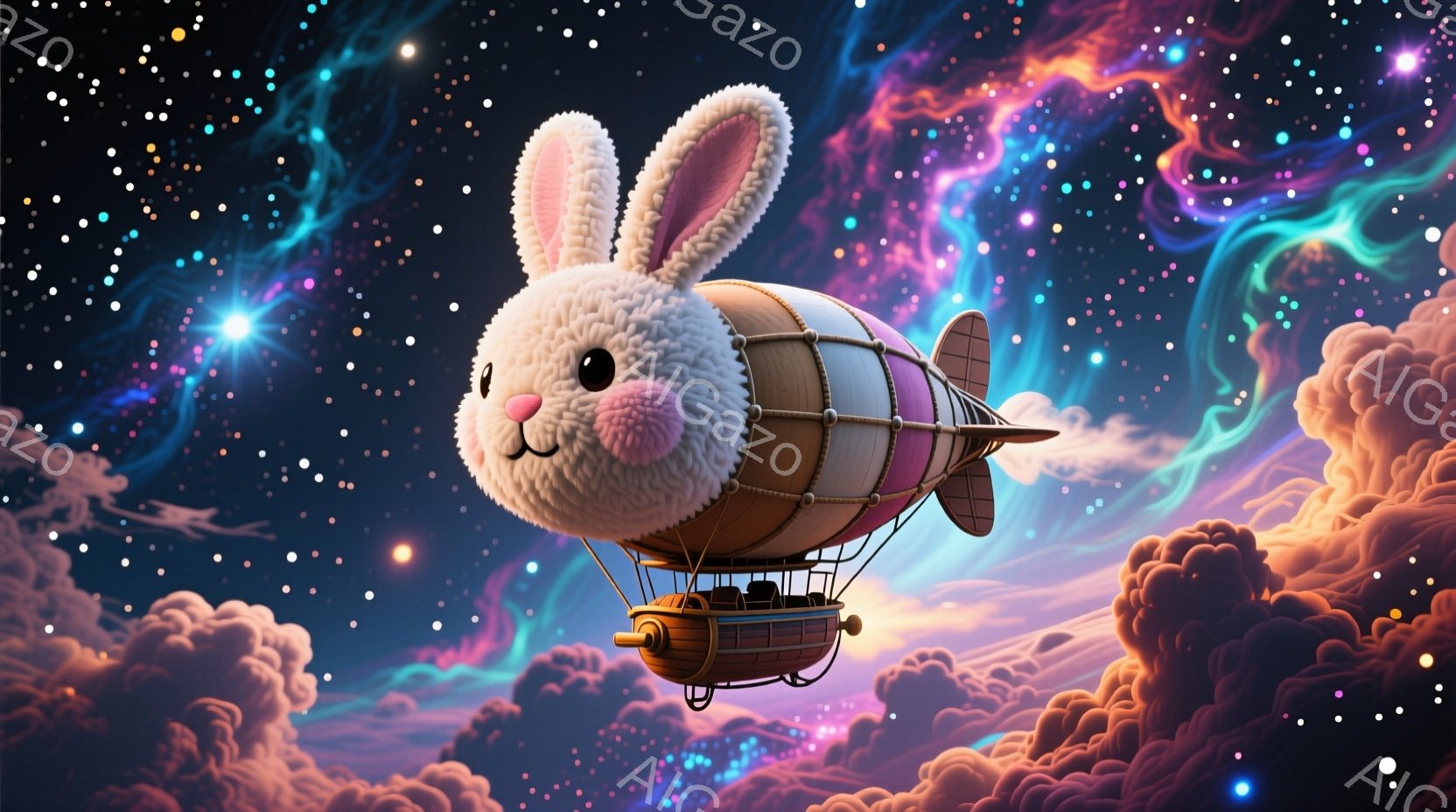ふわふわの白いウサギが、暖色系の美しい飛行船の形をしています。ウサギは丸い顔で、つぶらな瞳とわずかに微笑んだ表情をしており、愛らしい姿をしています。背景には、星が輝く夜空と、雲が渦巻く幻想的な風景が広がり、全体的に夢見心地で温かい雰囲気が漂っています。