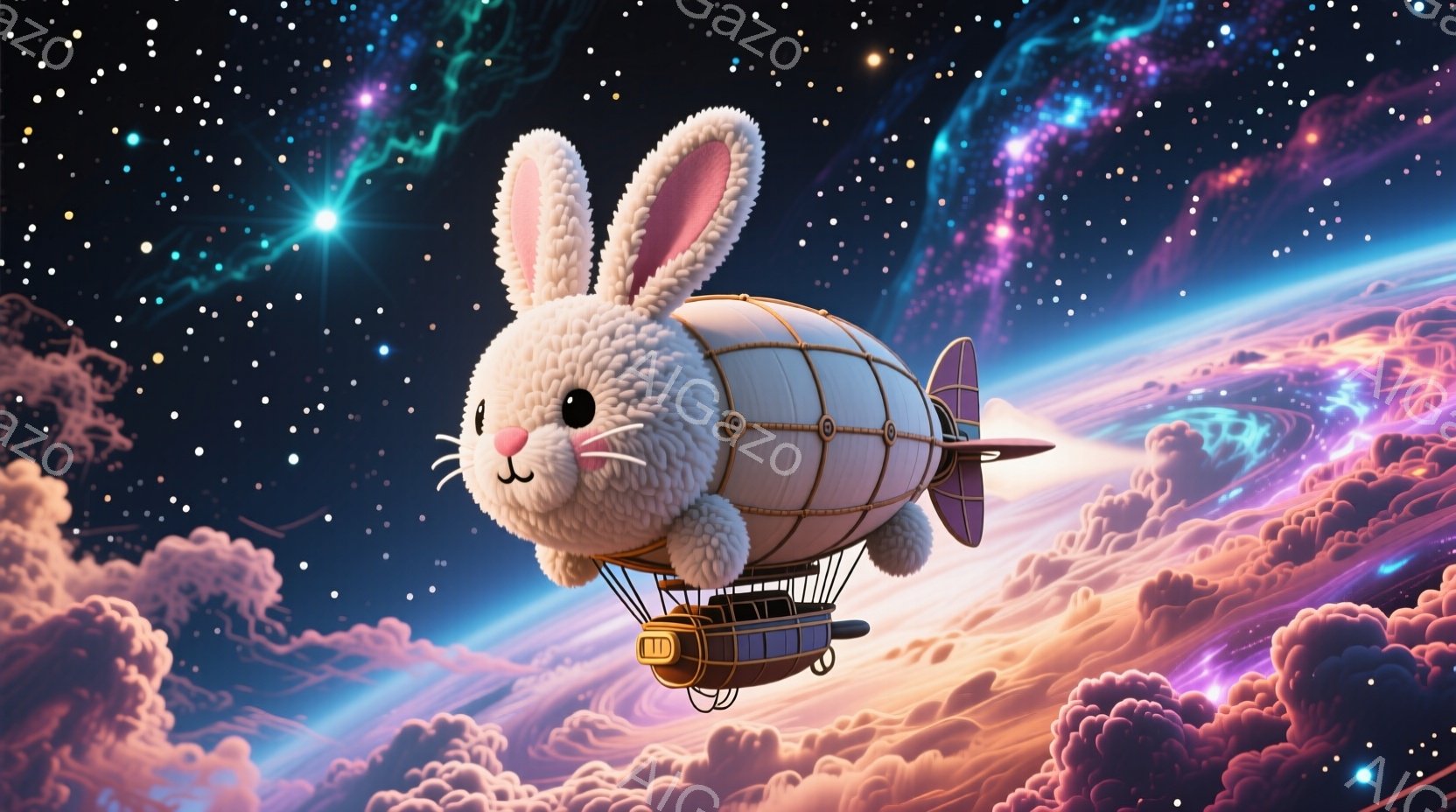 ふわふわの白いウサギが、蒸気機関のような飛行船のパイロットとして描かれています。ウサギは笑顔で前方を向き、ピンク色の耳をピンと立てています。背景には、紫とピンクの雲が広がり、星空が広がる幻想的な空間が広がっています。