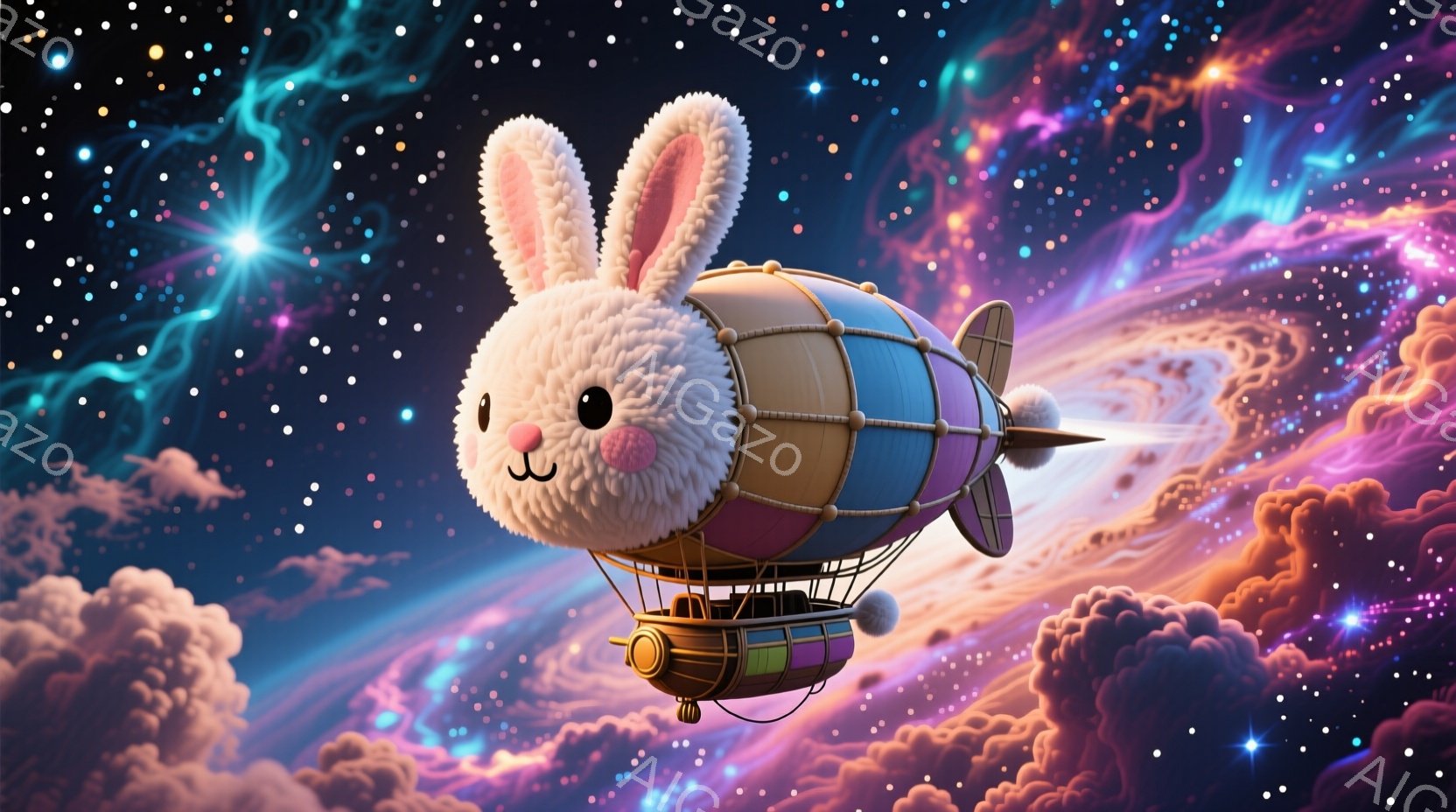 ふわふわの白いウサギが、レトロなデザインの飛行船のパイロットとして描かれている。ウサギは笑顔で、楽しそうに飛行船を操縦しているようだ。背景には、鮮やかなピンクと紫の雲が広がり、星空が輝き、幻想的な雰囲 - AI生成フリー素材