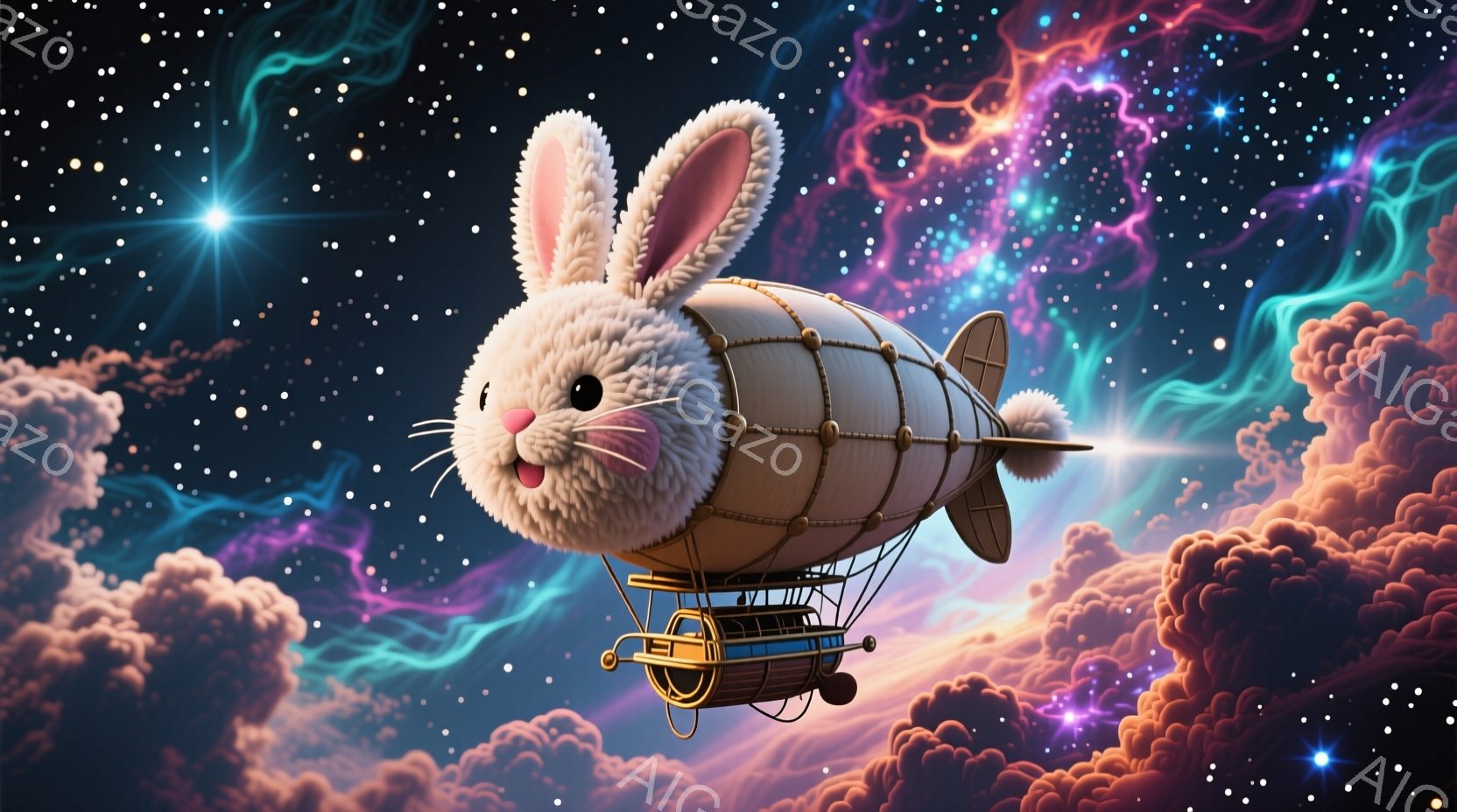 ふわふわの白いウサギが、気球のような乗り物に乗って空を飛んでいます。ウサギは可愛らしい表情で前を見つめ、乗り物はレトロなデザインのゴンドラと、金属製のフレームで構成されています。背景は、紫とピンクの雲 - AI生成フリー素材