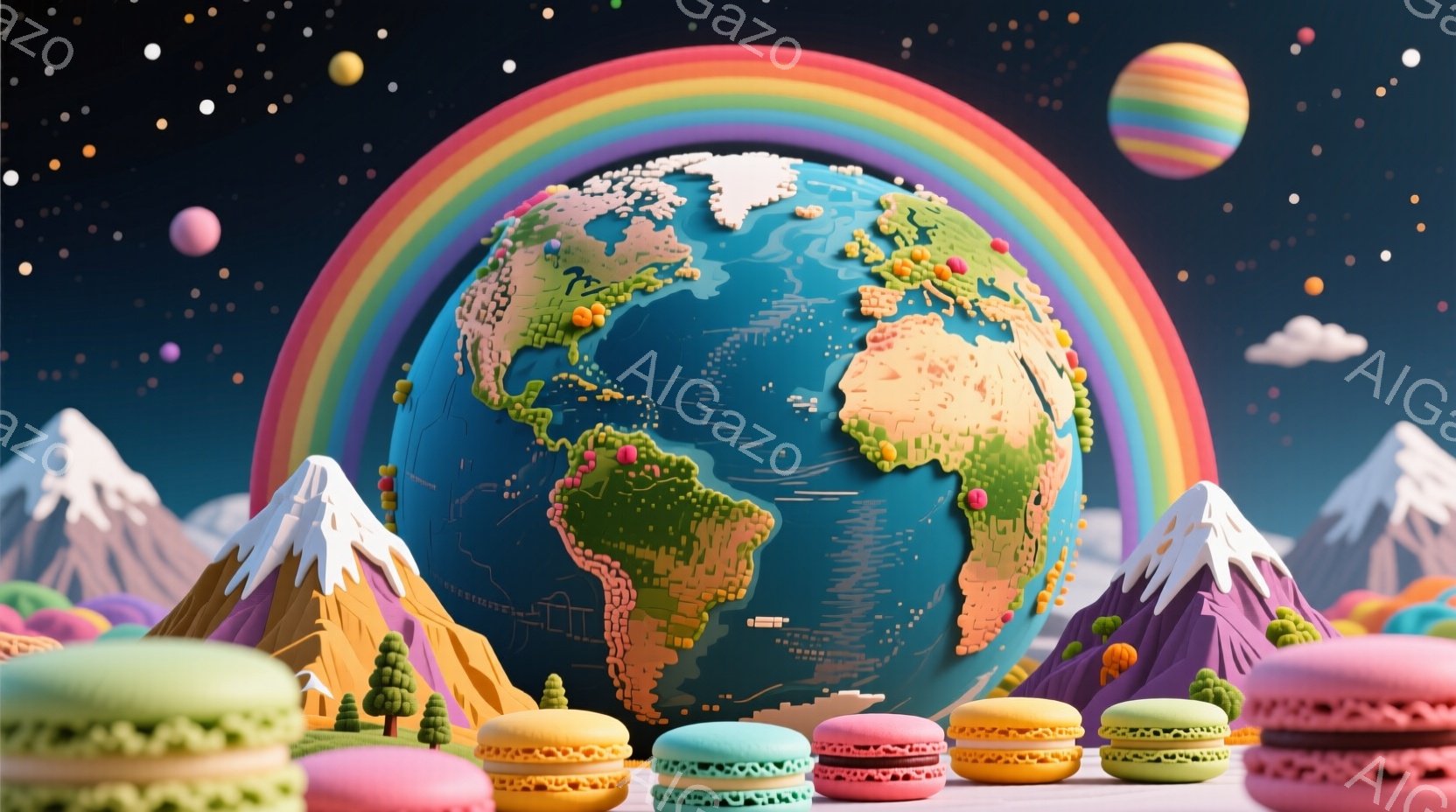 カラフルなマカロンと山々に囲まれた地球が描かれています。地球はピクセル化された大陸と海で構成されており、鮮やかな虹が背景に架かっています。空には雲と複数の惑星が浮かび、ファンタジックで遊び心のある雰囲 - AI生成フリー素材