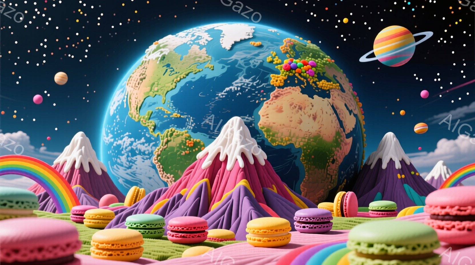 地球儀がマカロンやキャンディで飾られたファンタジーの世界が描かれています。ピンクと紫色の山々が立ち並び、虹がかかり、カラフルな惑星が点在する夜空が背景に広がっています。全体的に夢のような、お菓子の国のような、遊び心に満ちた雰囲気です。