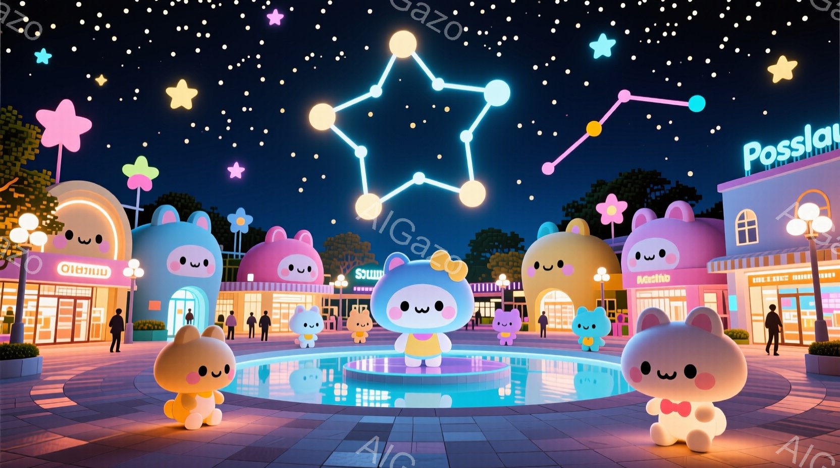 明るい夜の街並みを背景に、かわいらしいキャラクターたちが集まっています。パステルカラーの建物が並び、夜空には星が輝き、中央の噴水には光が灯っています。キャラクターたちは皆、丸いフォルムで、シンプルな表 - AI生成フリー素材