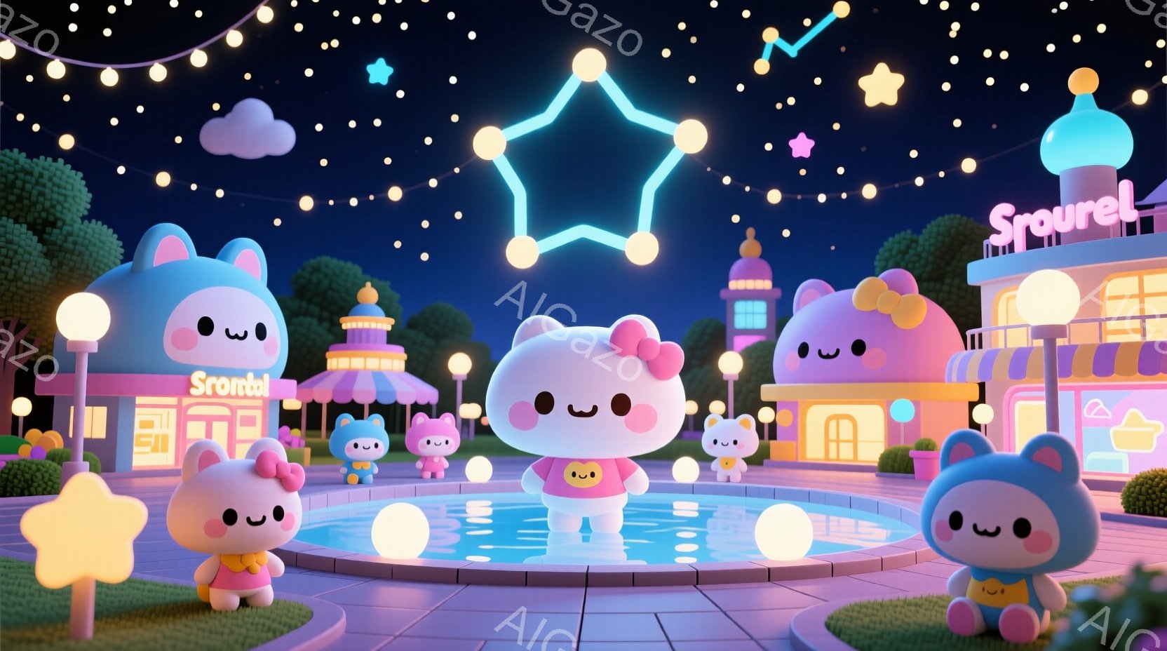 夜の公園のような場所で、かわいらしい青いクマのキャラクターたちが楽しんでいます。キャラクターたちはピンクのリボンや帽子を身につけ、皆笑顔で水池の周りに立っています。背景には、カラフルな建物と星空が広が - AI生成フリー素材