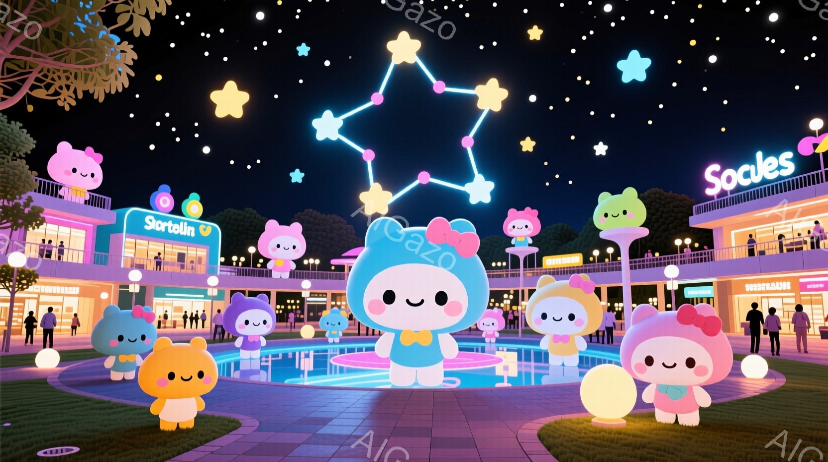 夜の公園には、可愛らしいキャラクターたちが集まっています。ピンク、黄、紫、青などカラフルな衣装を着ており、皆笑顔で楽しそうにしています。背景には光り輝く噴水と、ショップが並ぶ夜景が広がり、ファンタジー - AI生成フリー素材