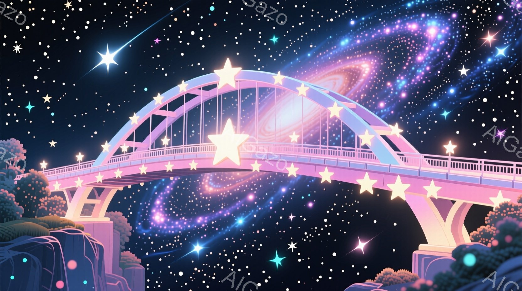 星空を背景にした、淡いピンク色のアーチ橋を描いています。橋の上には星形の光が散りばめられ、空には銀河のような青紫色の光が渦巻いており、幻想的な雰囲気を醸し出しています。橋の両側には緑の植物が生い茂った - AI生成フリー素材