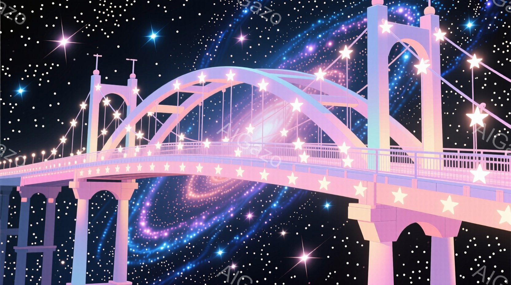 星空を背景に、ピンク色のアーチ状の橋を描いています。橋は白い星の光で飾られ、幻想的な光景を作り出しています。背景には銀河のような渦巻きがあり、全体的に夢のような、ロマンチックな雰囲気が漂っています。 - AI生成フリー素材