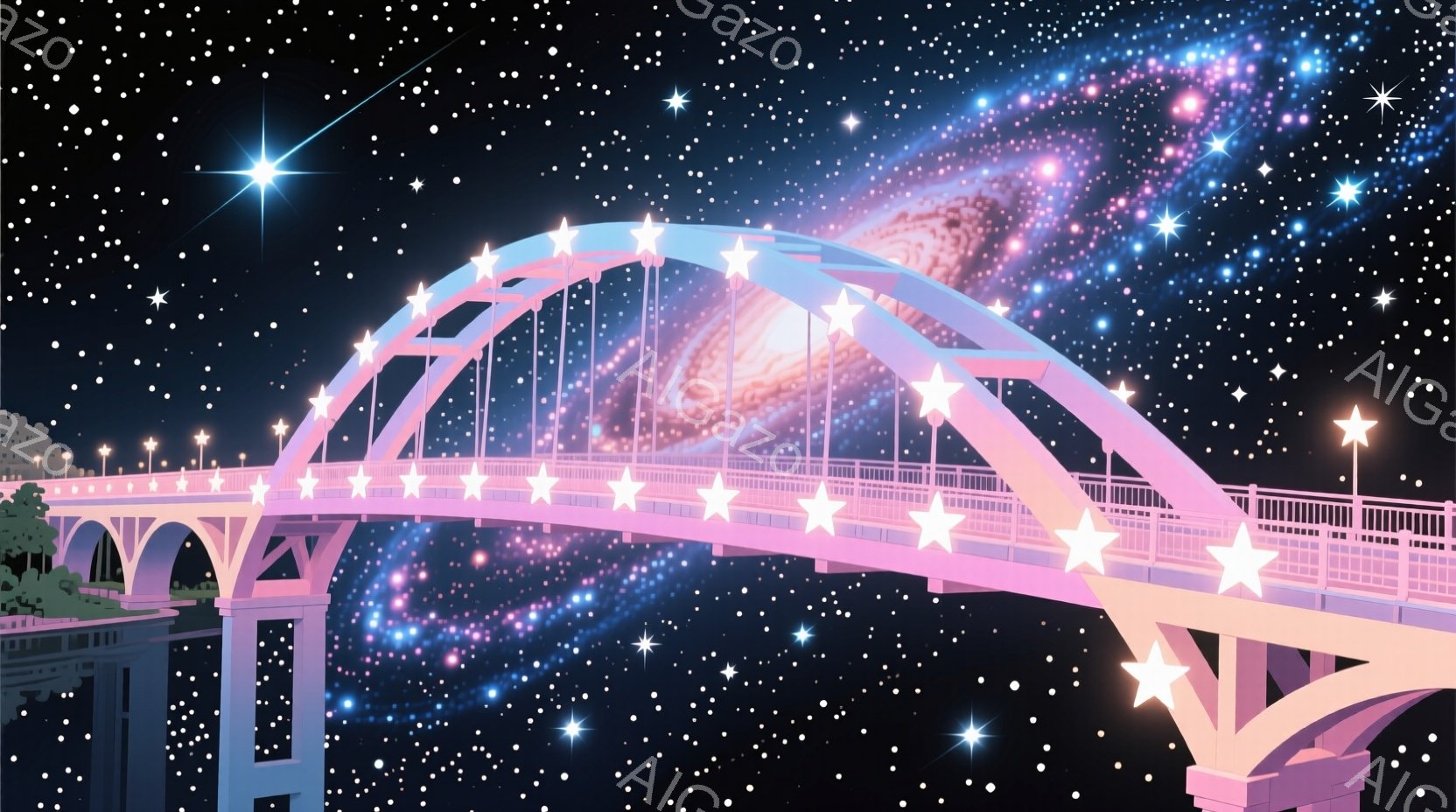 美しいアーチ橋が、幻想的な銀河を背景に浮かび上がっている。橋には星形のライトが飾られ、夜空に輝く星々と調和している。穏やかで夢のような雰囲気であり、見る者を別世界へと誘うような印象を与える。 - AI生成フリー素材