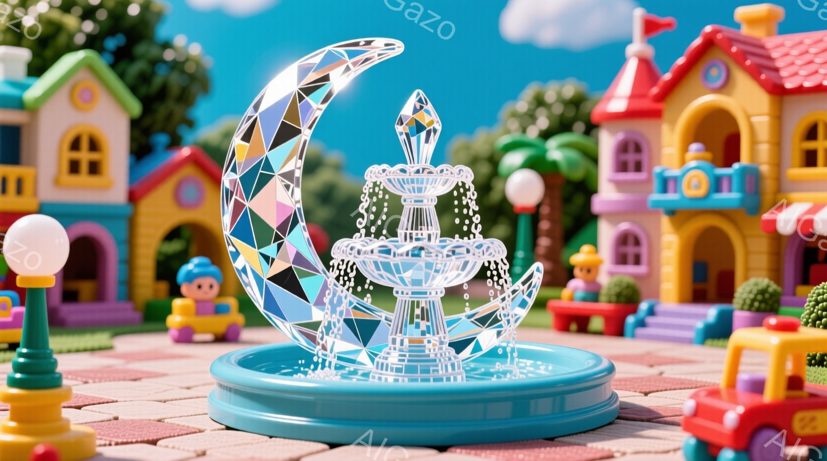 カラフルなミニチュアの町並みを背景にした、透明な噴水の様子を描いています。噴水は複雑な形をしており、水が輝きながら流れ落ちています。背景には、可愛らしい建物、緑の茂み、そして青い空が広がり、おもちゃの - AI生成フリー素材