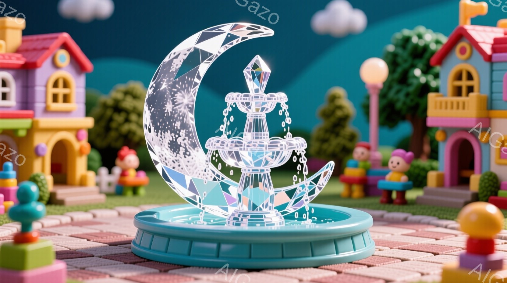 鮮やかなピンク色のタイル敷きの広場に、きらめくクリスタルの月と噴水が設置されています。背景には、カラフルで可愛らしい家々が並び、緑豊かな植物と青い空が広がっています。全体的に夢のような、おとぎ話のよう - AI生成フリー素材