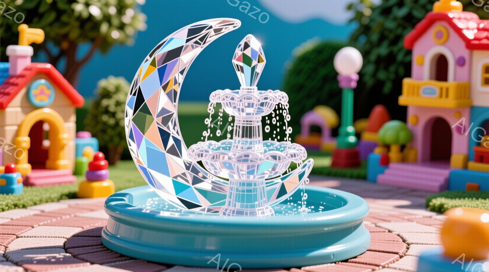 明るい日当たりの良い公園の様子を捉えています。中央には、虹色に輝くクリスタルのような噴水が設置され、水が美しく流れ落ちています。背景には、パステルカラーの可愛らしい家々や木々が並び、まるで子供のおもちゃの世界のような雰囲気です。