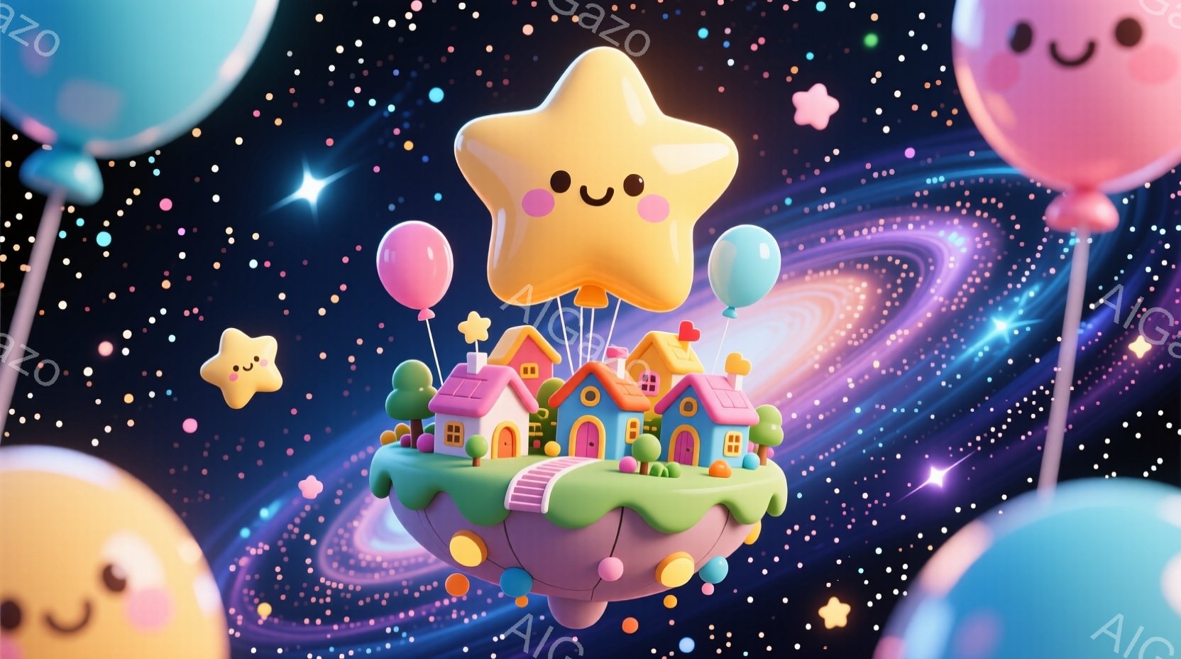 浮かんだ島には、かわいらしい家々が並び、緑豊かな木々が生い茂っています。空には、パステルカラーの風船と星が散りばめられ、まるで夢のような世界が広がっています。全体的に明るく、優しい雰囲気で、子供向けの - AI生成フリー素材