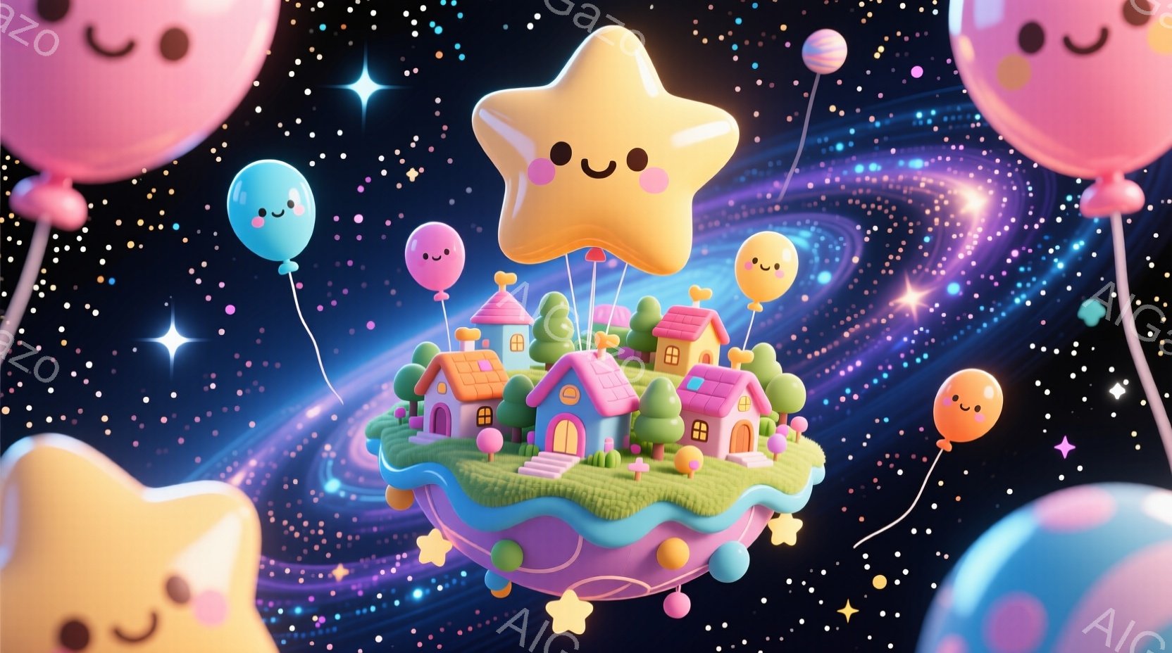 浮かんだ島に可愛らしい家々が並び、ピンクと紫のグラデーションが幻想的な背景に、星やハート型の風船が浮かんでいます。家々はパステルカラーで統一されており、丸みを帯びたデザインと、緑豊かな草地が可愛らしさ - AI生成フリー素材